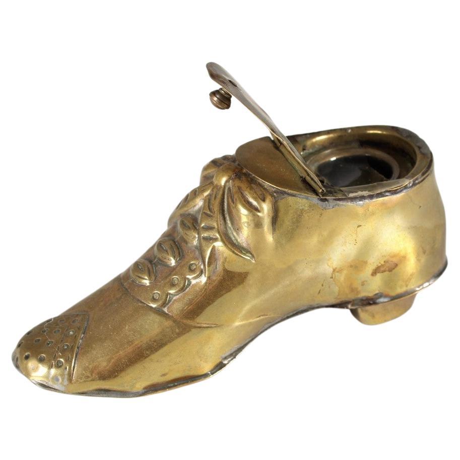 Antique French Brass Inkwell, Shoe, Early 20th Century