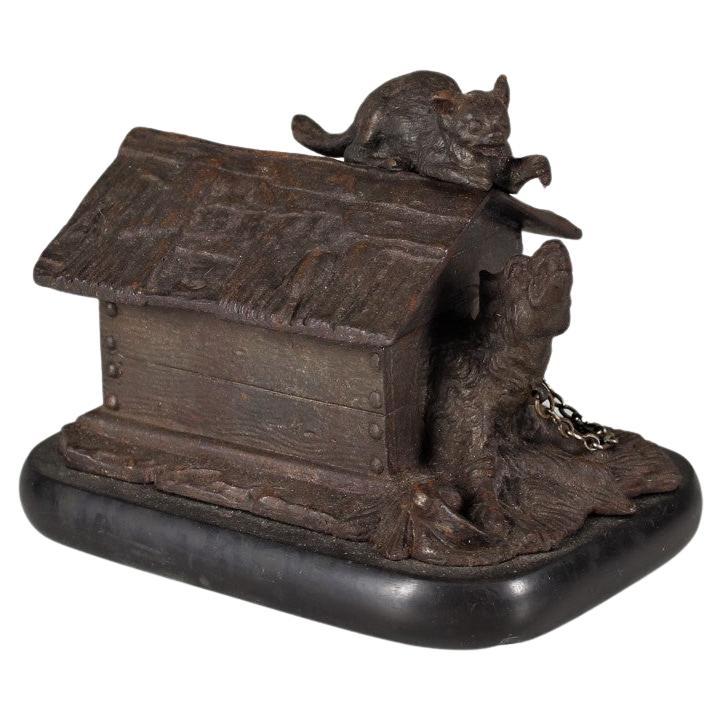 Encrier antique en bronze, fin du 19e siècle, chien et chat