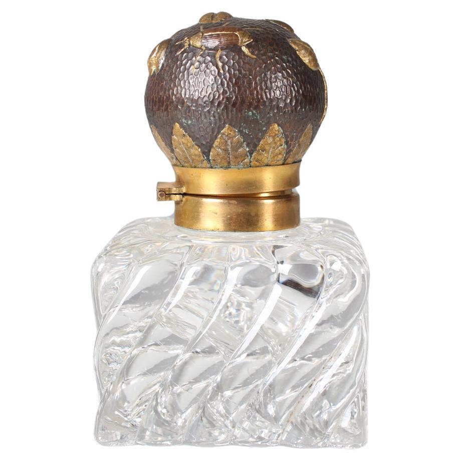 Antique Inkwell, Crystal Glass, Bronze, Late 19th Century