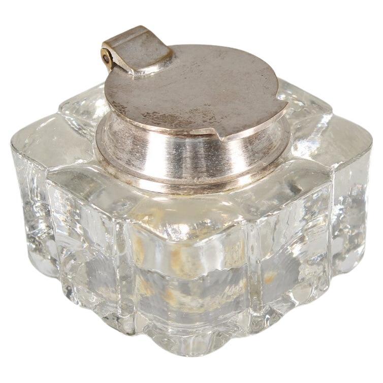 Antique Inkwell, Crystal Glass, Silver Plated, Late 19th Century For Sale