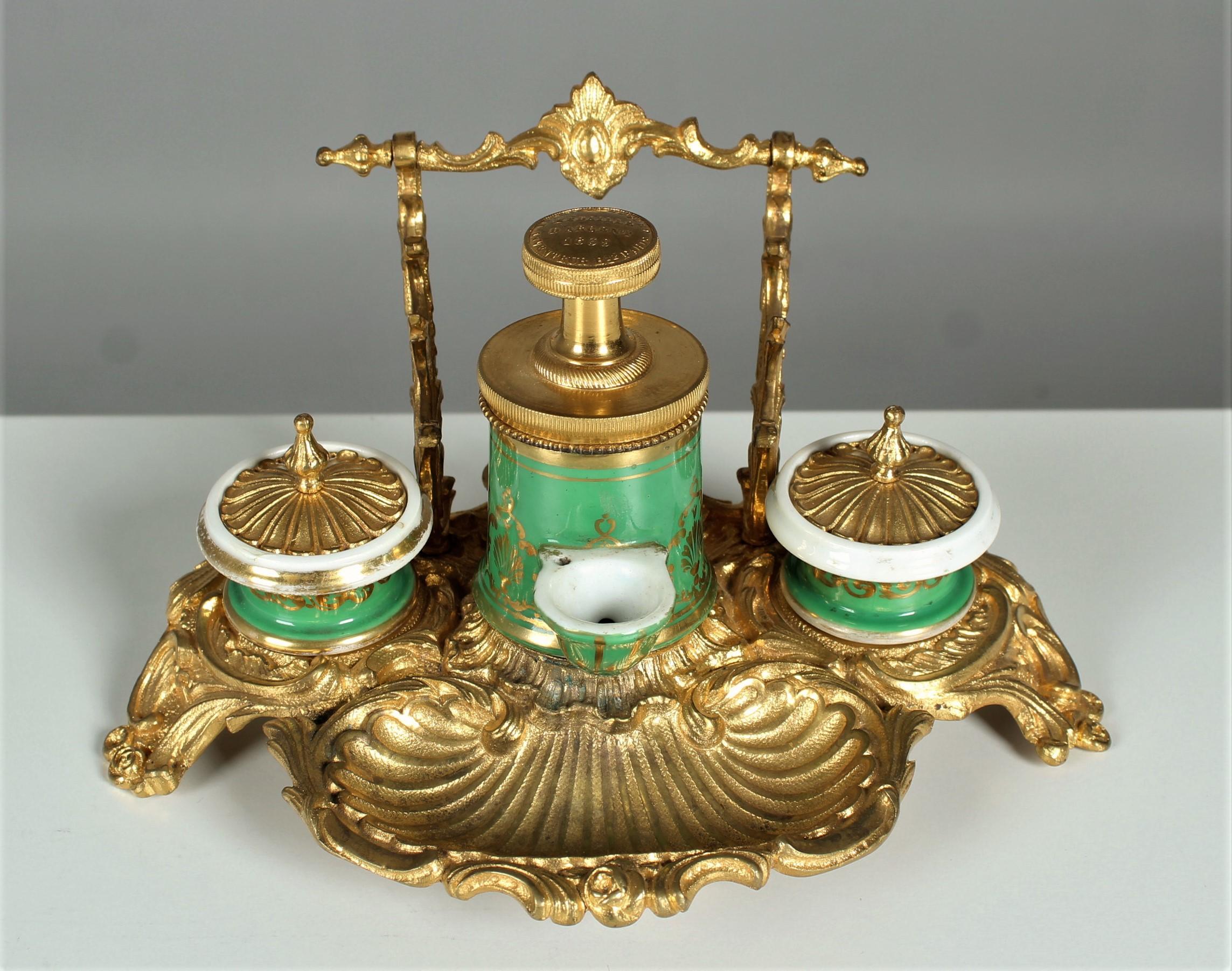 Antique Inkwell from Bronze and Ceramic, France, circa 1880, Louis XV Style In Good Condition For Sale In Greven, DE