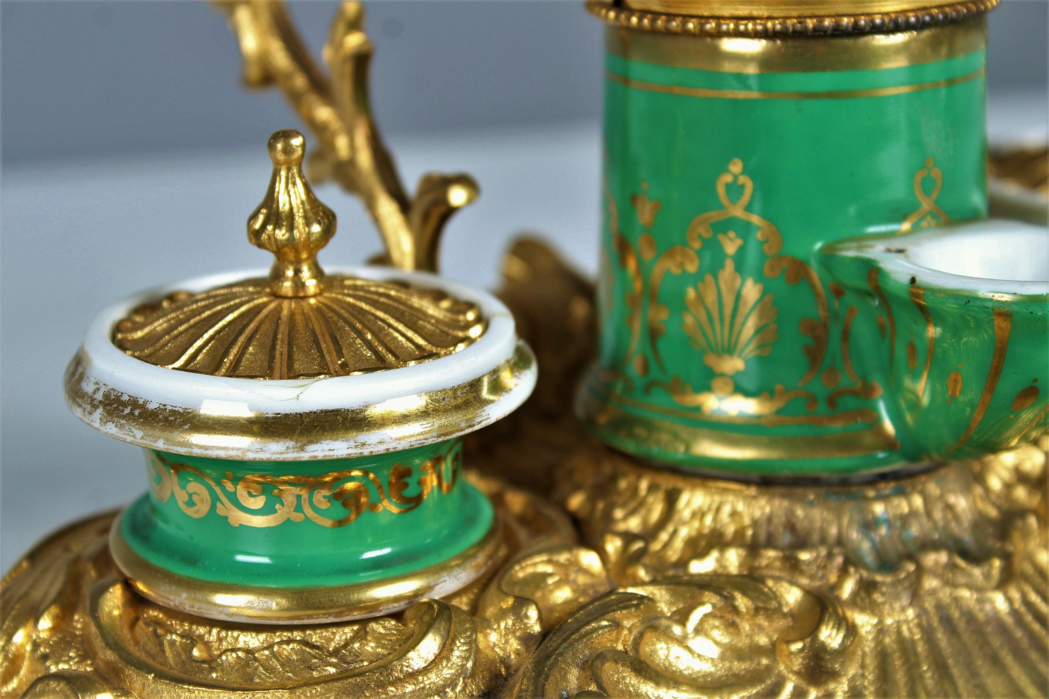 19th Century Antique Inkwell from Bronze and Ceramic, France, circa 1880, Louis XV Style For Sale