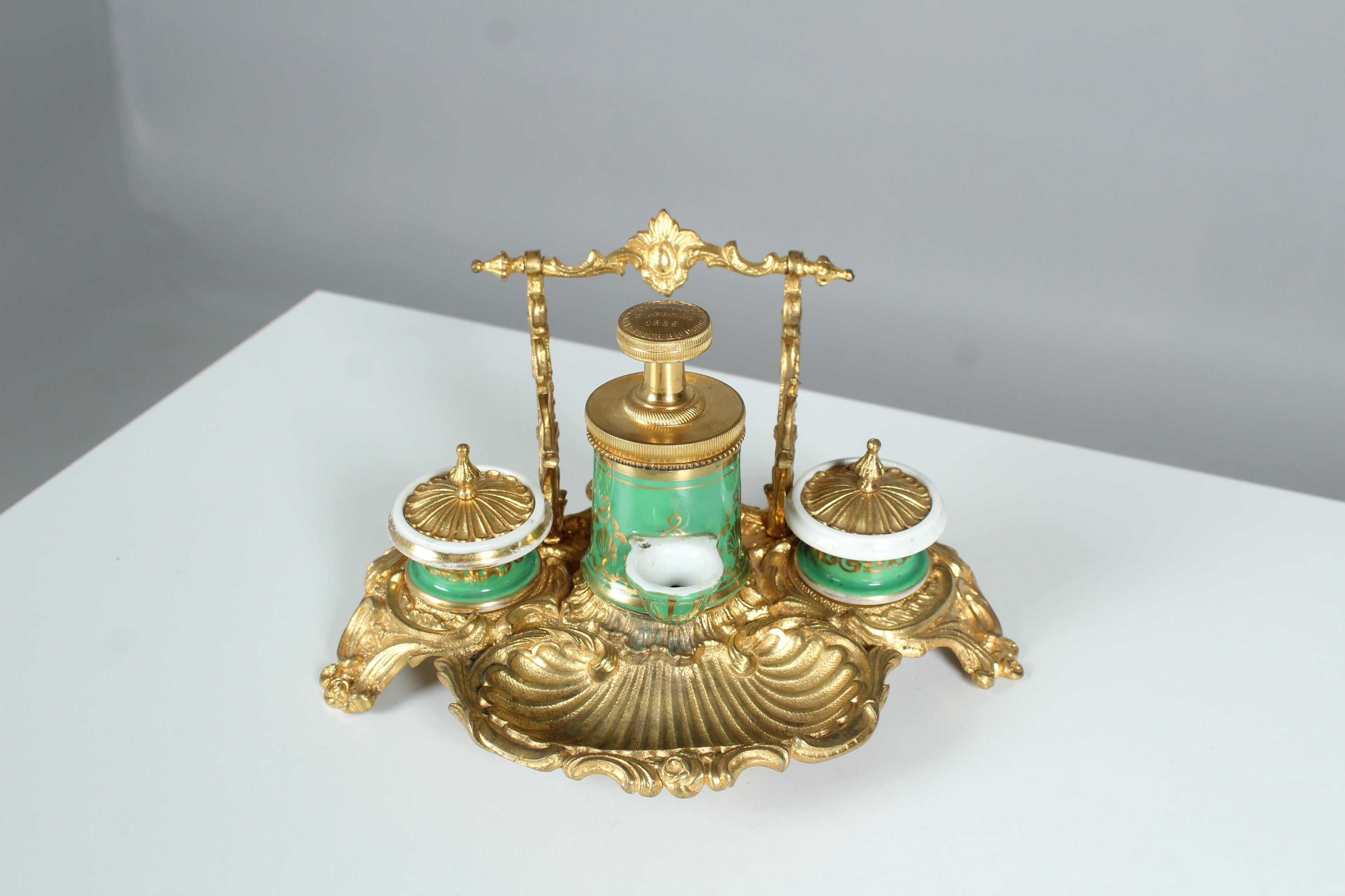 Antique Inkwell from Bronze and Ceramic, France, circa 1880, Louis XV Style For Sale 2