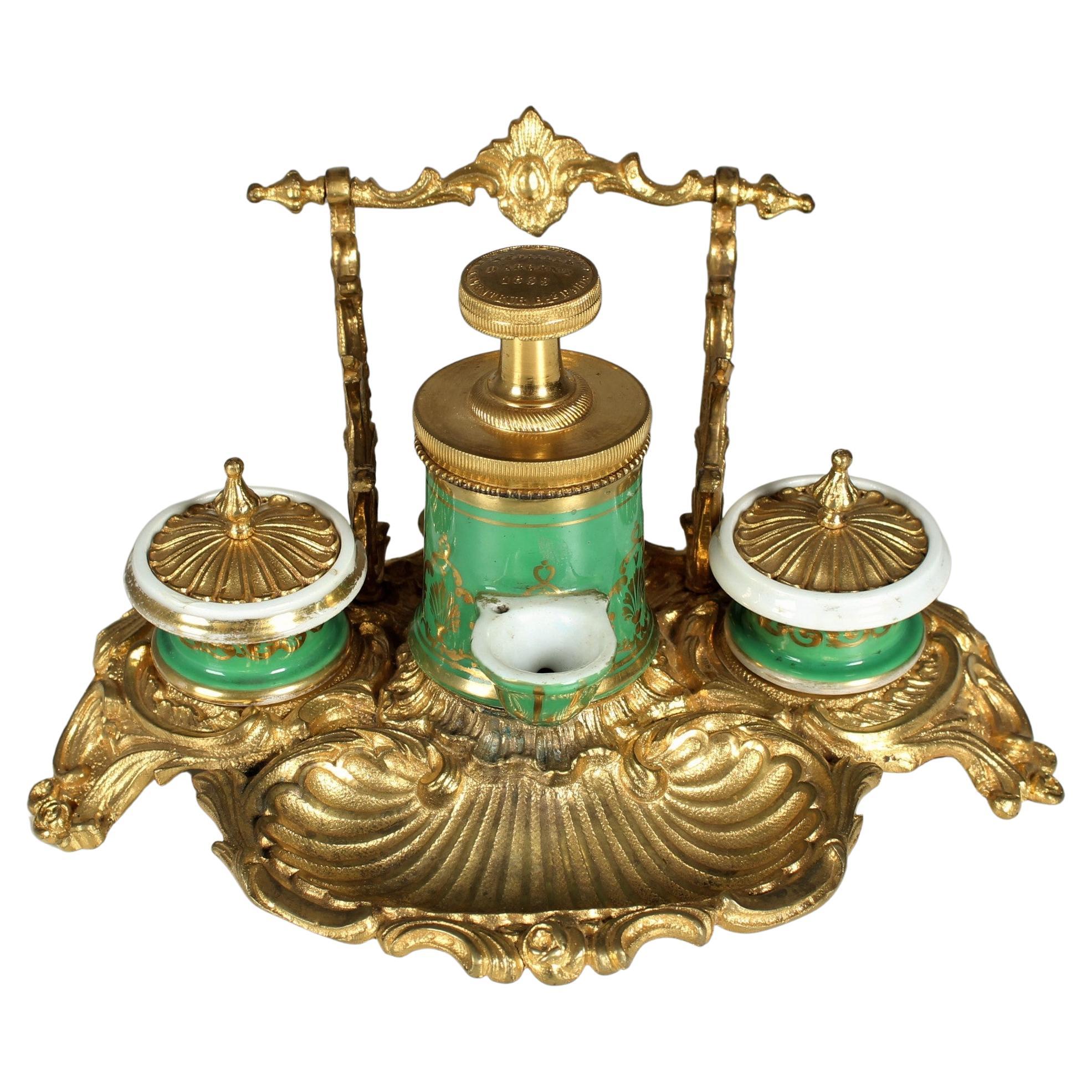 Antique Inkwell from Bronze and Ceramic, France, circa 1880, Louis XV Style For Sale