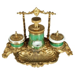 Antique Inkwell from Bronze and Ceramic, France, circa 1880, Louis XV Style