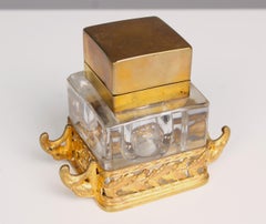 Encrier ancien de France, laiton avec verre, années 1880