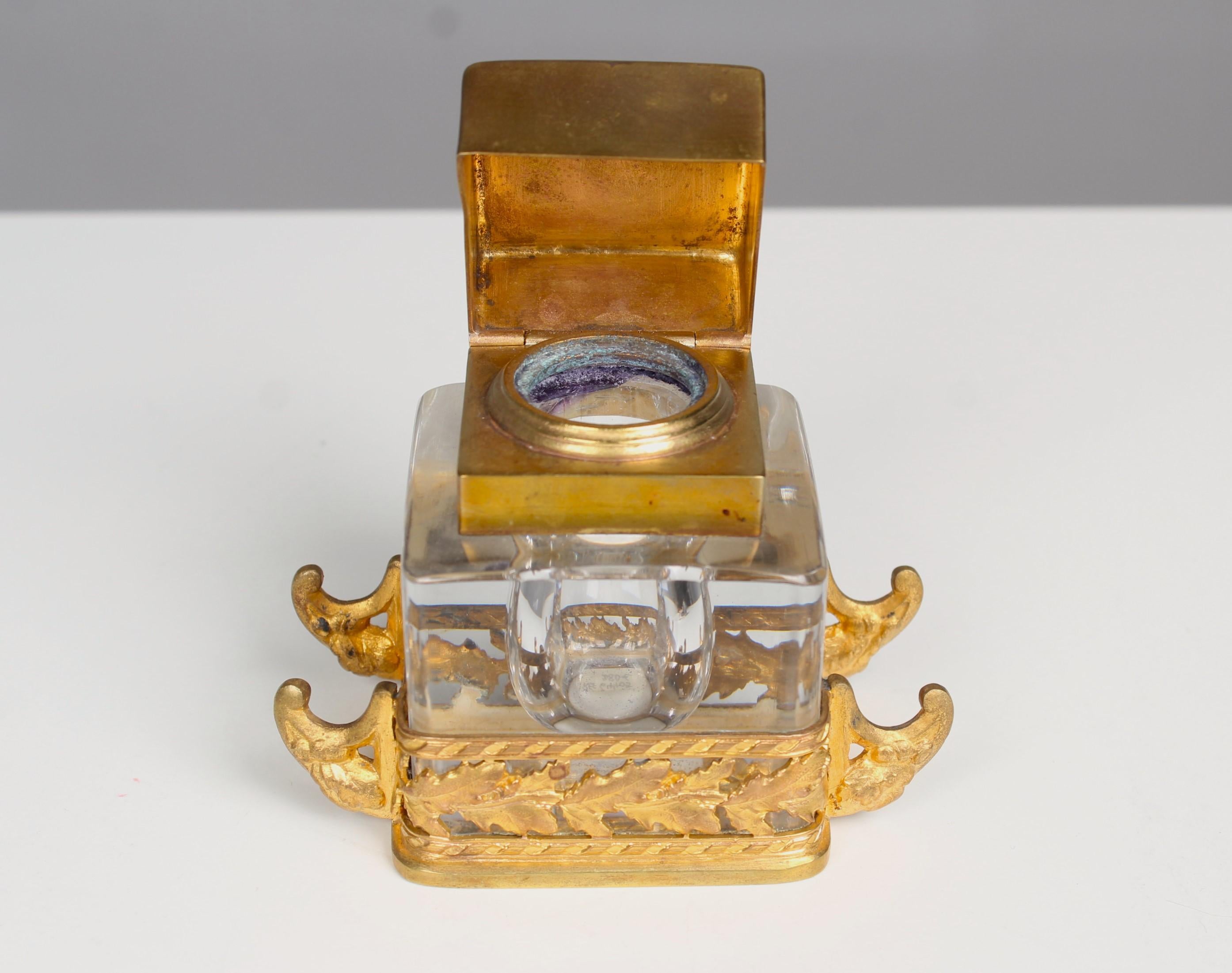 Late Victorian Antique Inkwell From France, Brass With Glass, 1880s For Sale