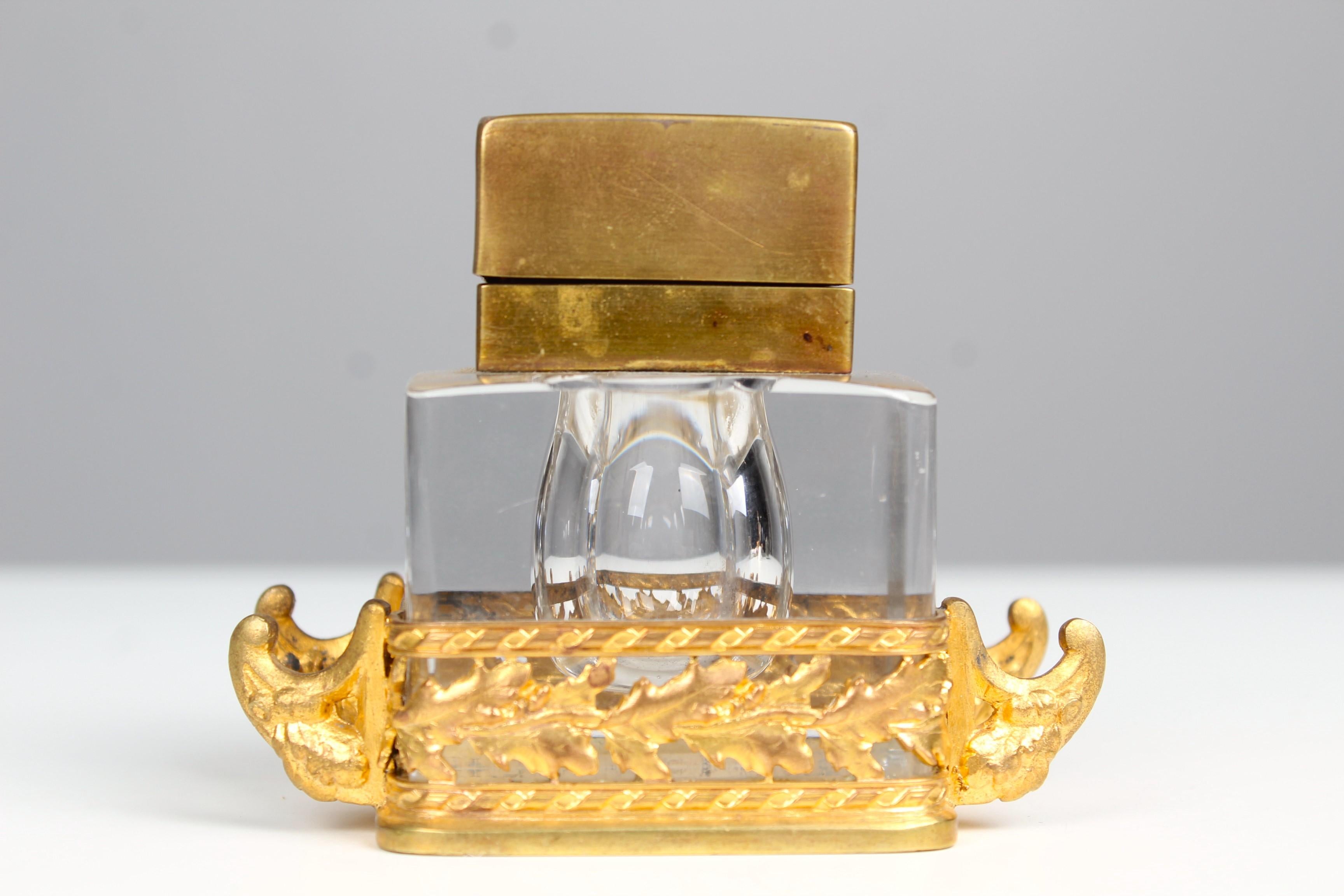 Antique Inkwell From France, Brass With Glass, 1880s In Good Condition For Sale In Greven, DE