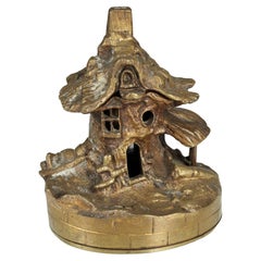 Antique Inkwell, Gilded Bronze, Thatched Roof Cottage, Circa 1880