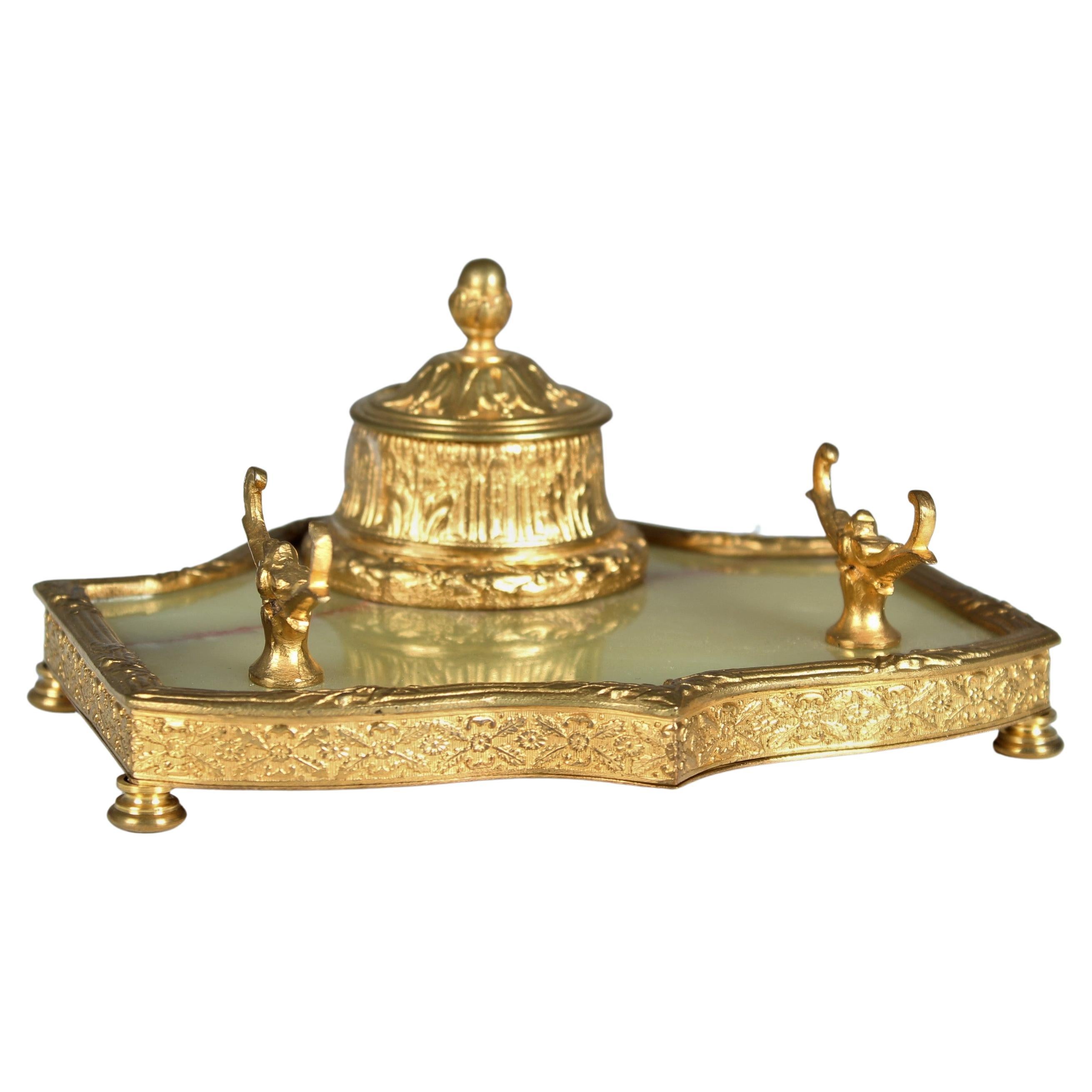 Antique Inkwell, Gilded Bronze, Antique Desk Utensil, Pen Holder, circa 1880