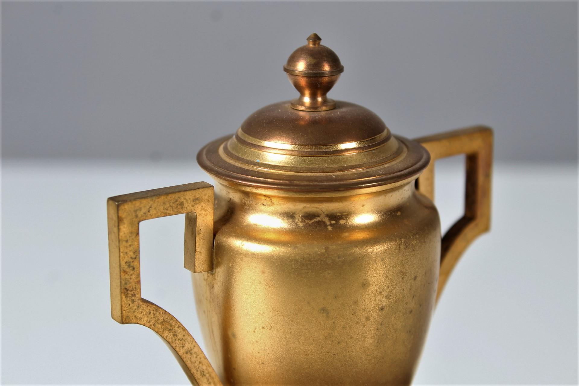 French Antique Inkwell, Gilded Bronze, Antique Desk Utensil, Vase-Shaped, Pen Tray For Sale