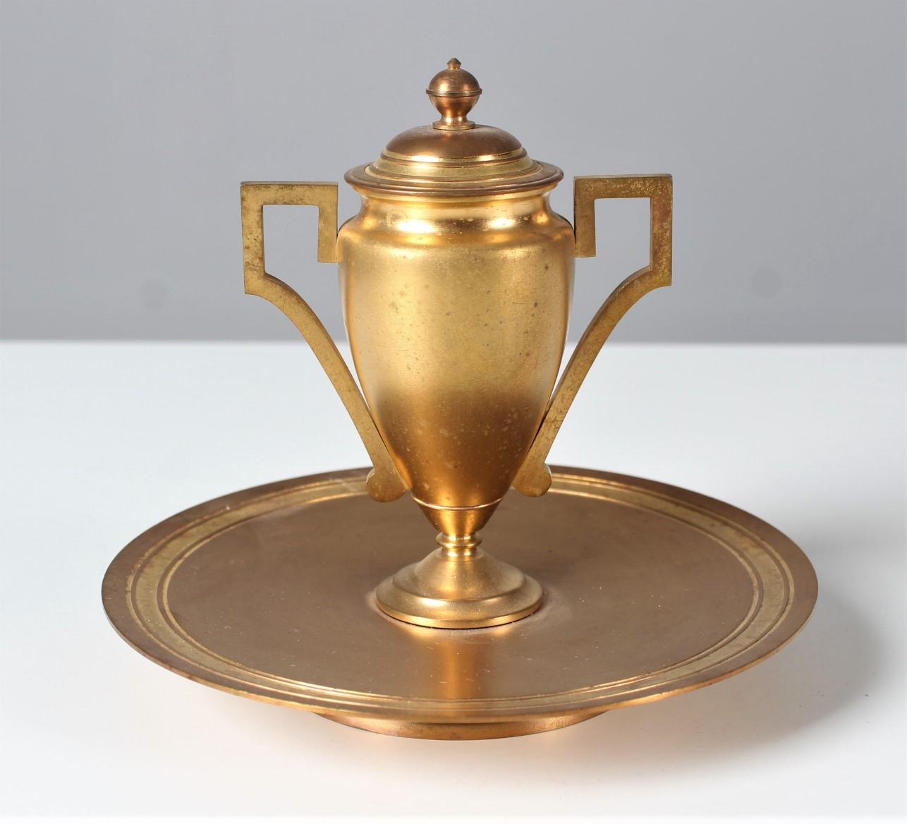 19th Century Antique Inkwell, Gilded Bronze, Antique Desk Utensil, Vase-Shaped, Pen Tray For Sale