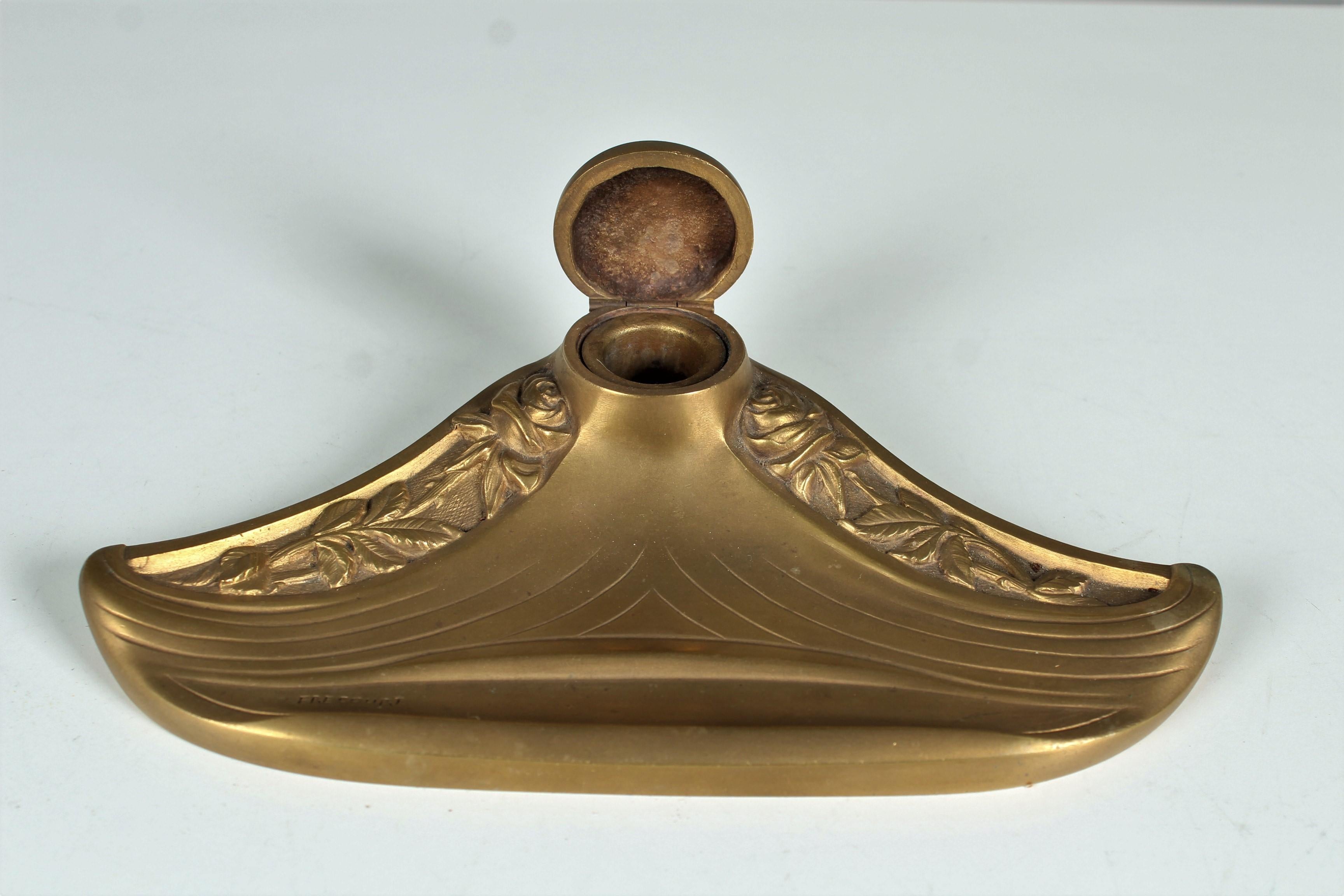 French Antique Art Nouveau Inkwell By Maurice Frecourt, Bronze Doré, 1910s, France For Sale