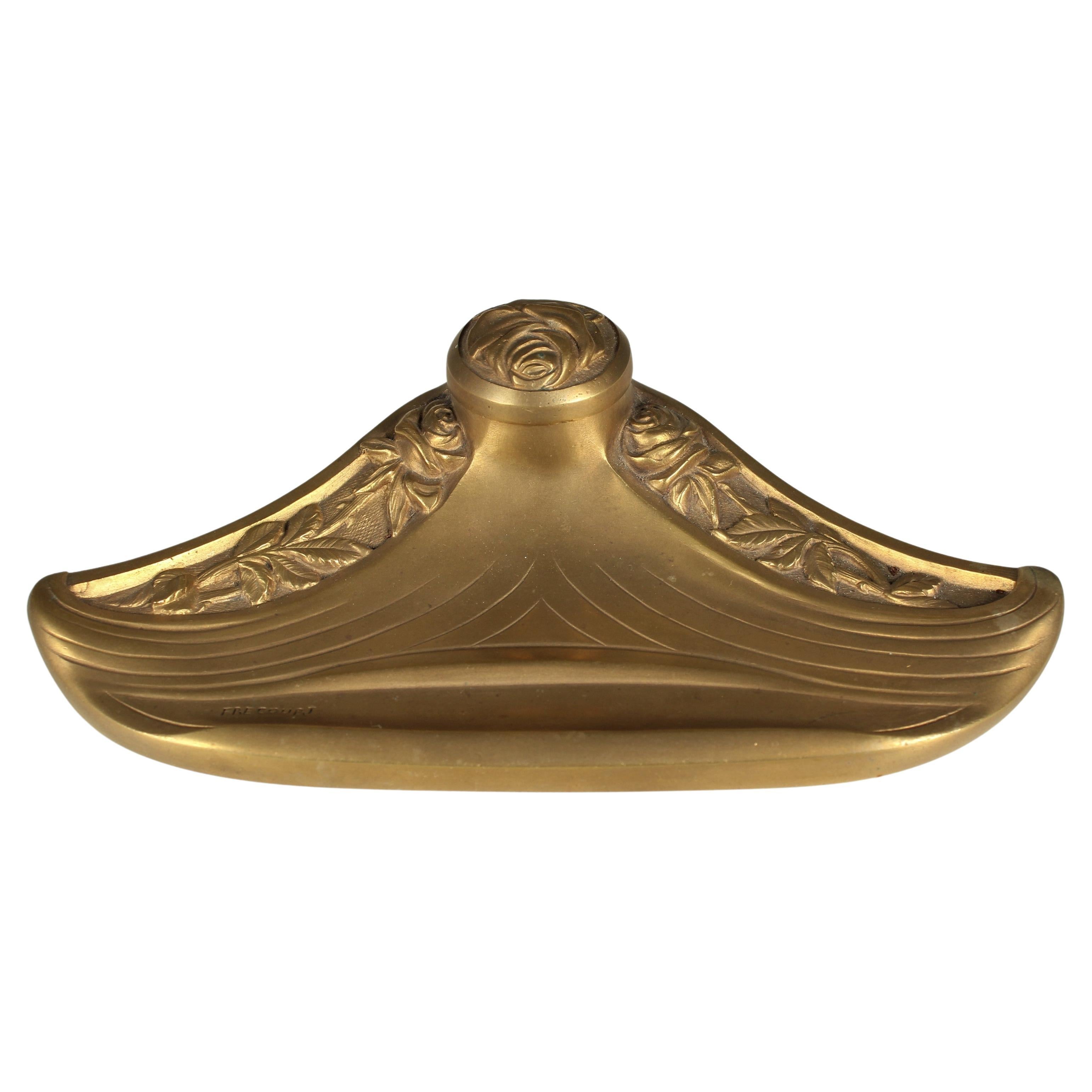 Antique Art Nouveau Inkwell By Maurice Frecourt, Bronze Doré, 1910s, France