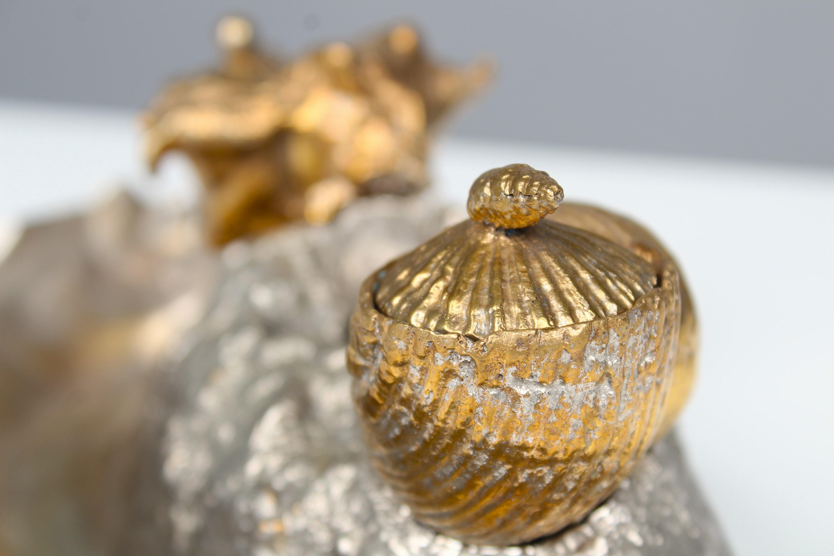French Antique Inkwell, Seashells, Gilded and Silvered, Bronze Dorée, Mid 19th Century For Sale