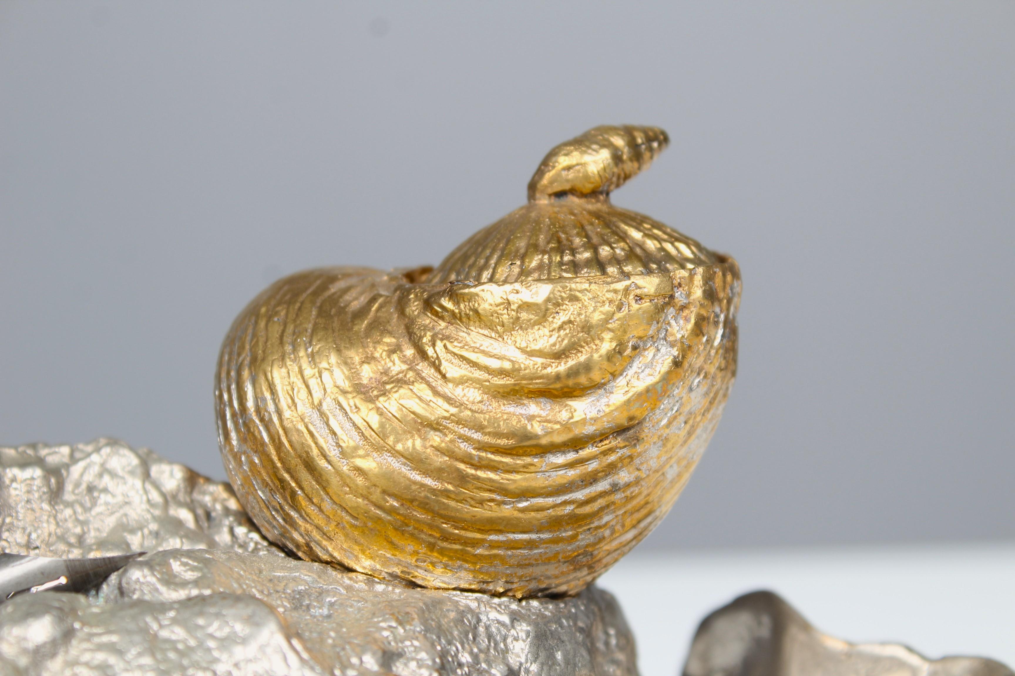 Mid-19th Century Antique Inkwell, Seashells, Gilded and Silvered, Bronze Dorée, Mid 19th Century For Sale