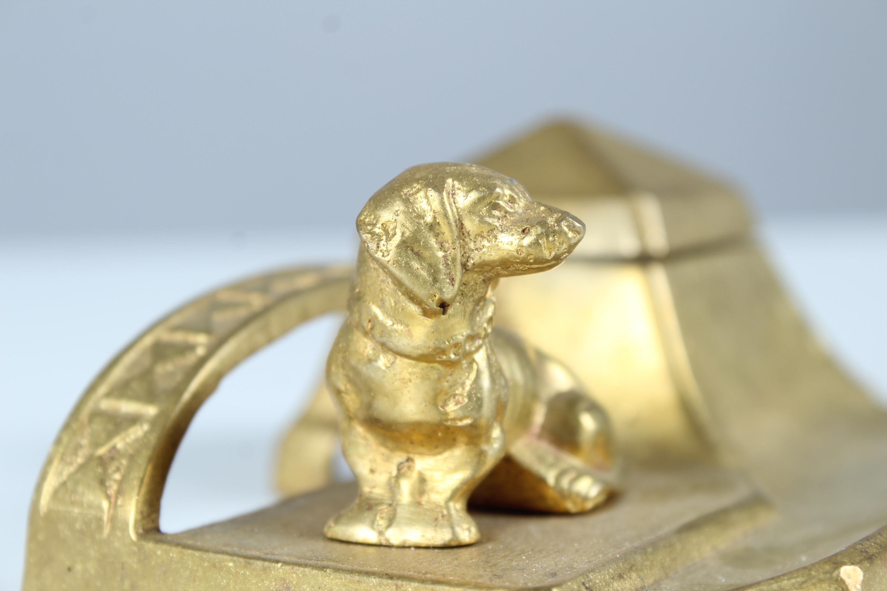Antique Inkwell With Dachshund Sculpture, Brass, Early 20th Century For Sale 6