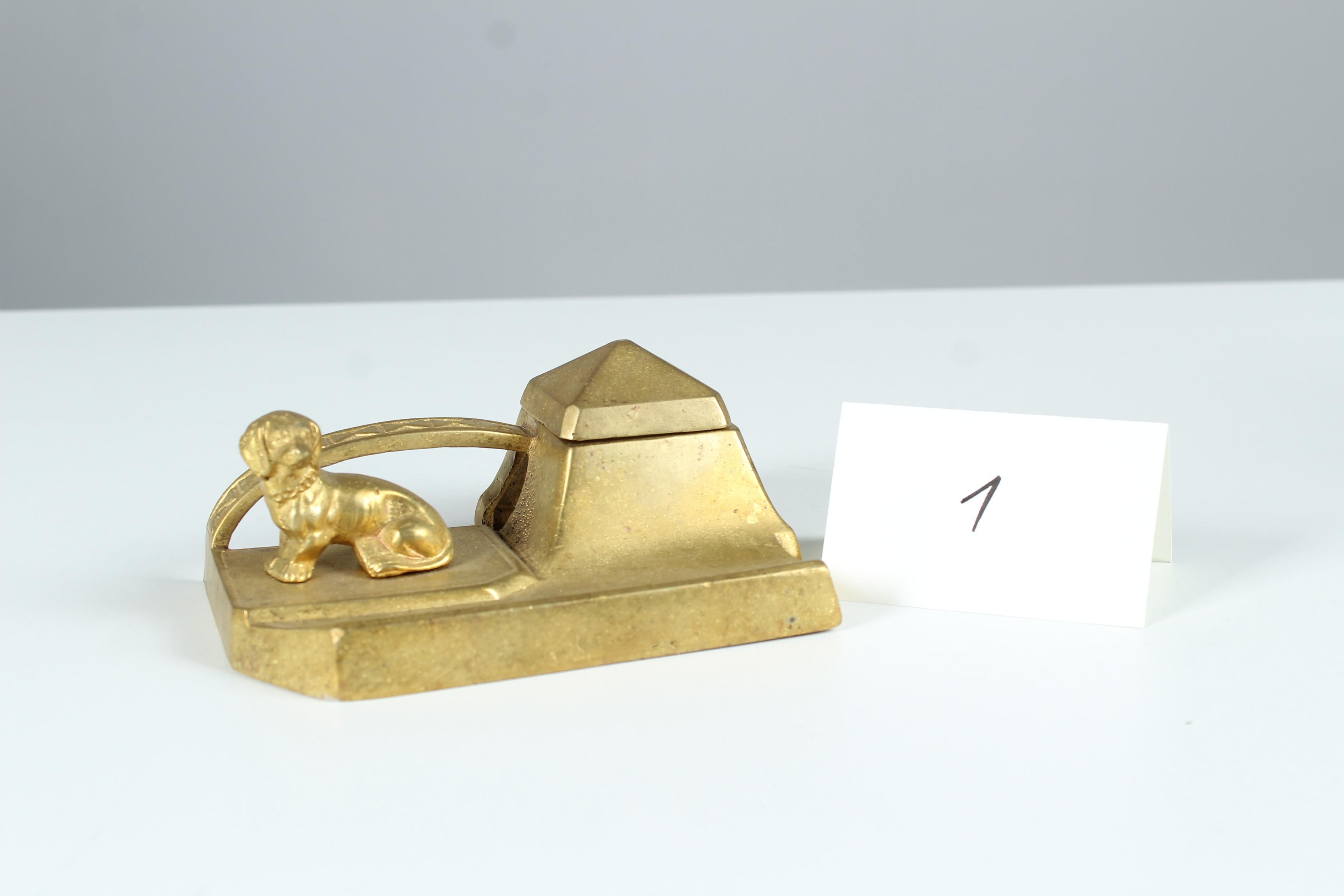 Antique Inkwell With Dachshund Sculpture, Brass, Early 20th Century For Sale 11