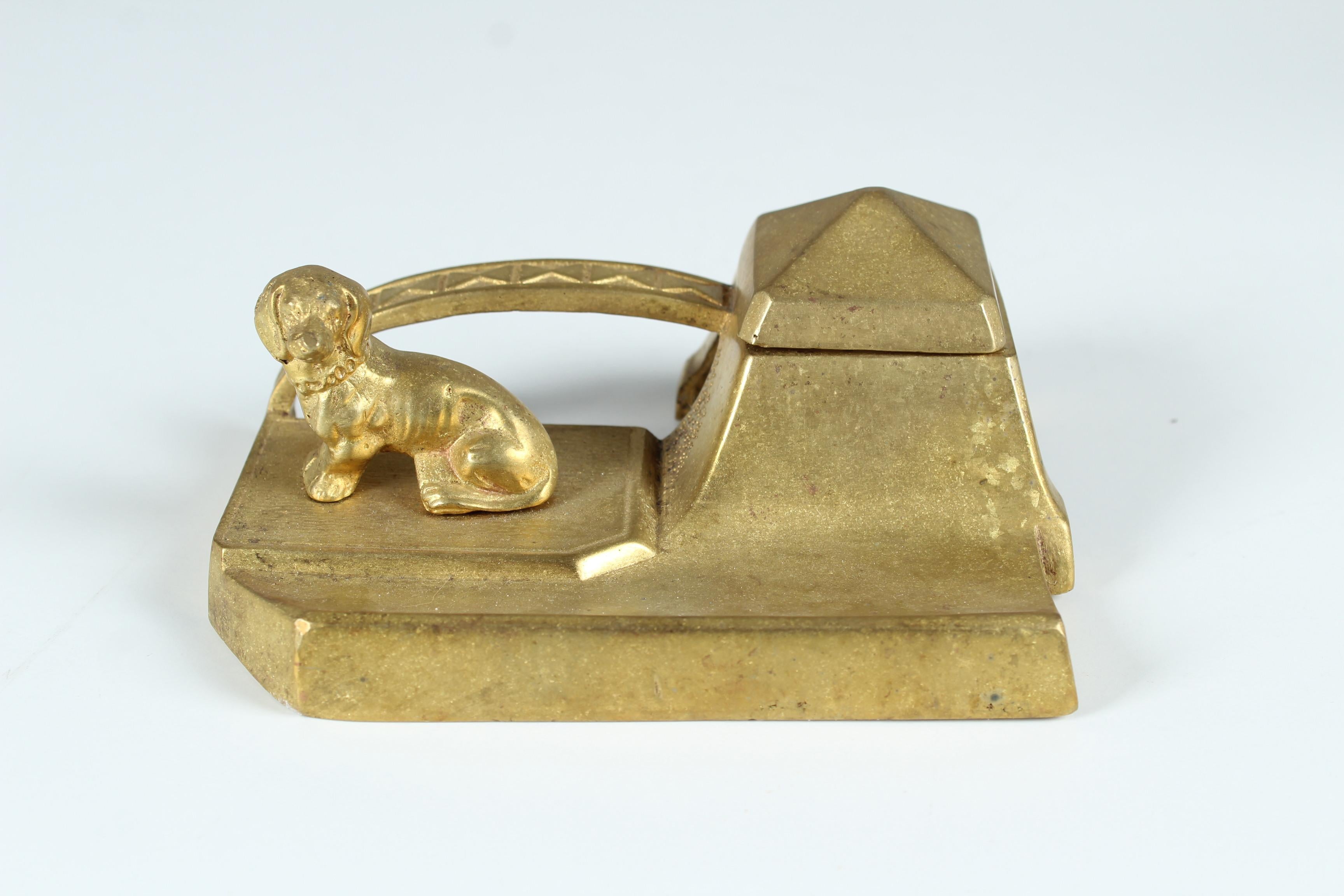 Unknown Antique Inkwell With Dachshund Sculpture, Brass, Early 20th Century For Sale