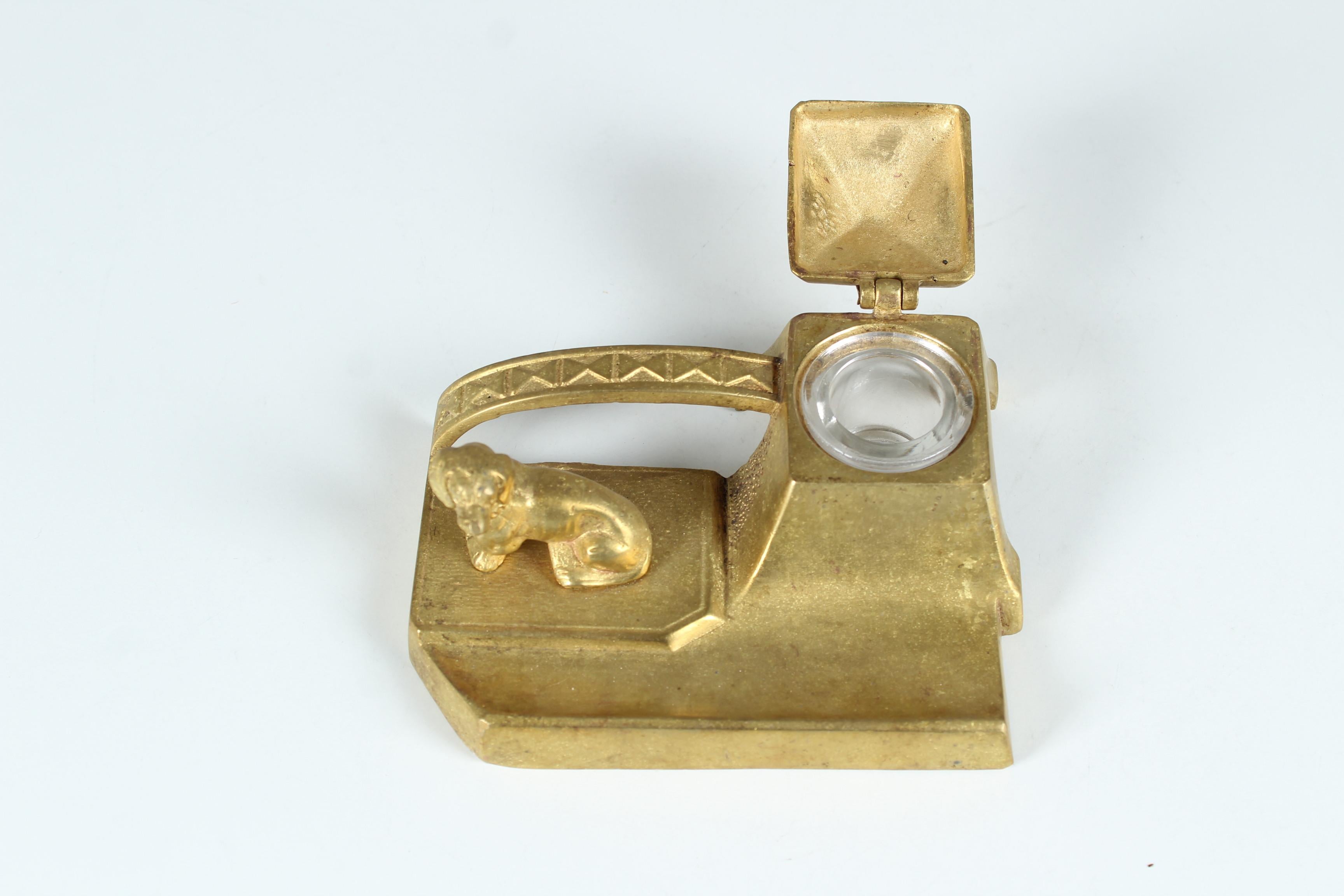 Antique Inkwell With Dachshund Sculpture, Brass, Early 20th Century In Good Condition For Sale In Greven, DE