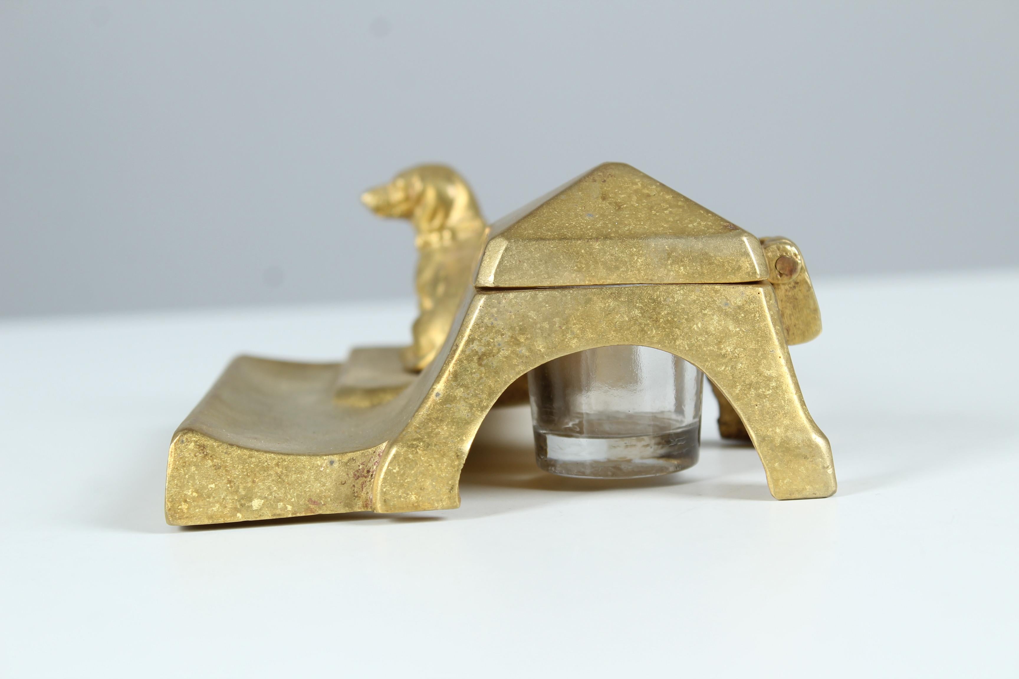Antique Inkwell With Dachshund Sculpture, Brass, Early 20th Century For Sale 2