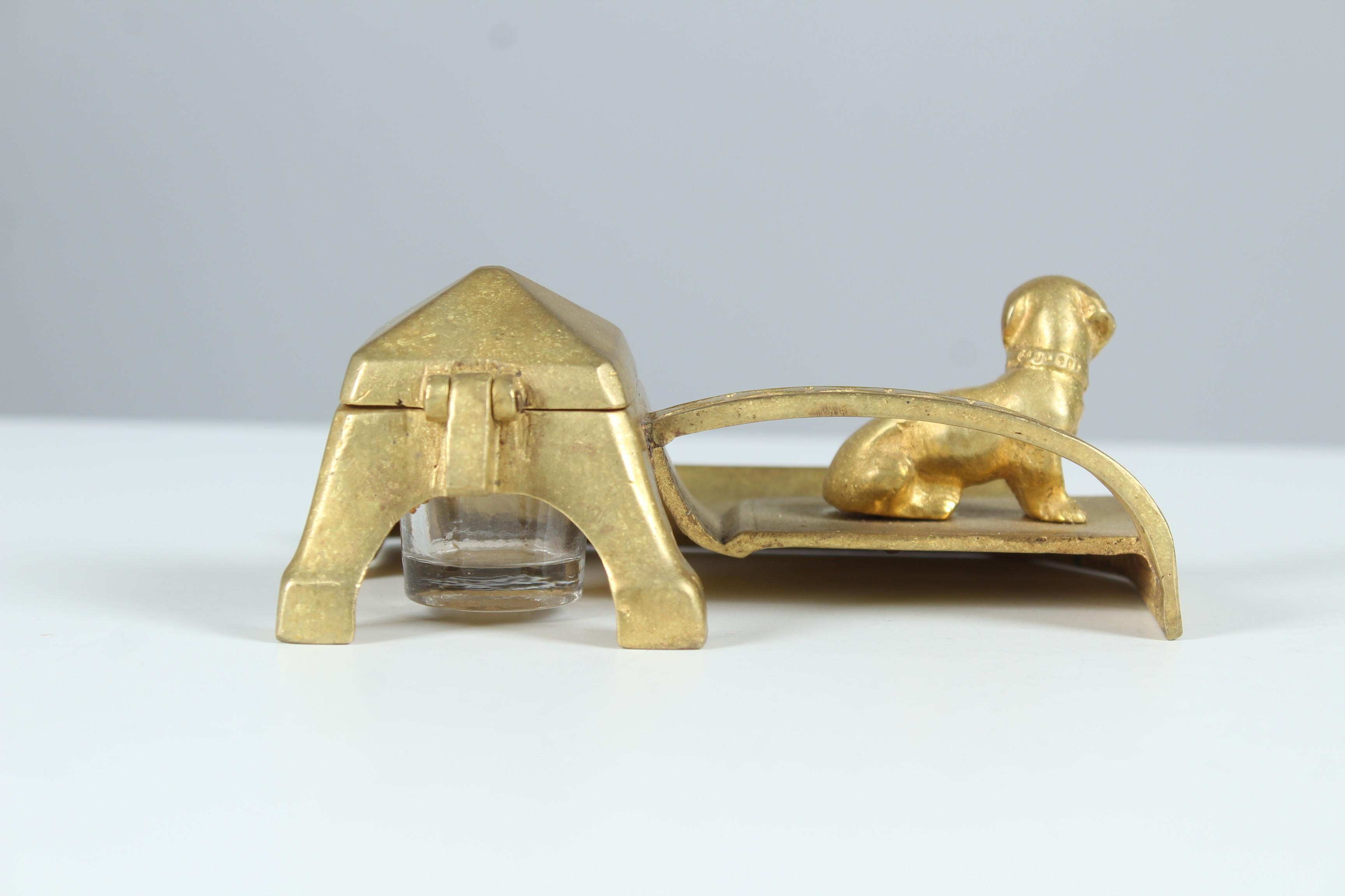 Antique Inkwell With Dachshund Sculpture, Brass, Early 20th Century For Sale 3