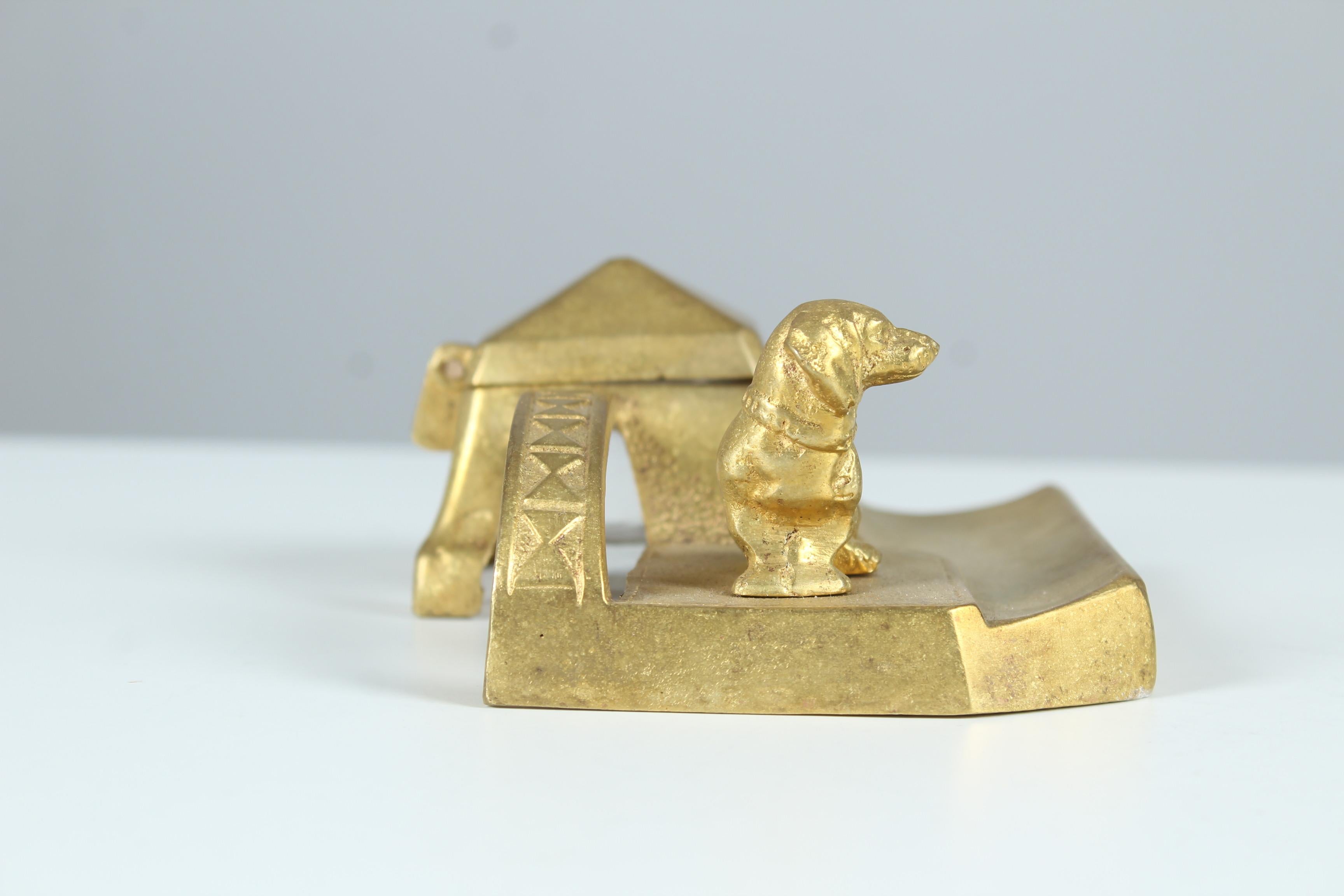 Antique Inkwell With Dachshund Sculpture, Brass, Early 20th Century For Sale 4