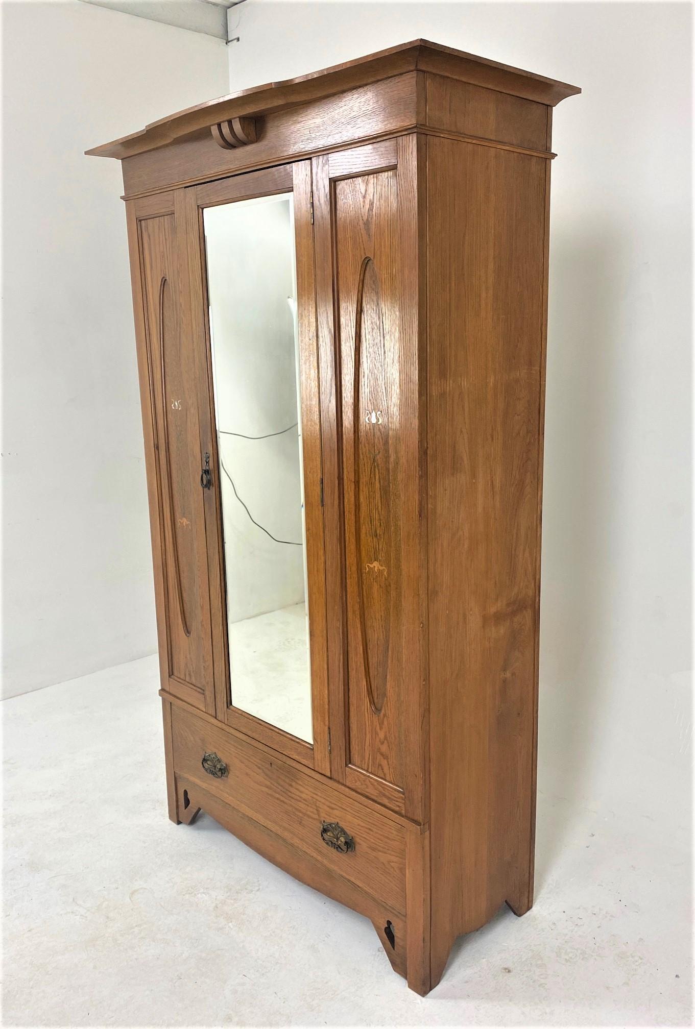 Scottish Antique Inlaid Art Nouveau Oak Armoire Wardrobe, Closet, Scotland 1910, B664