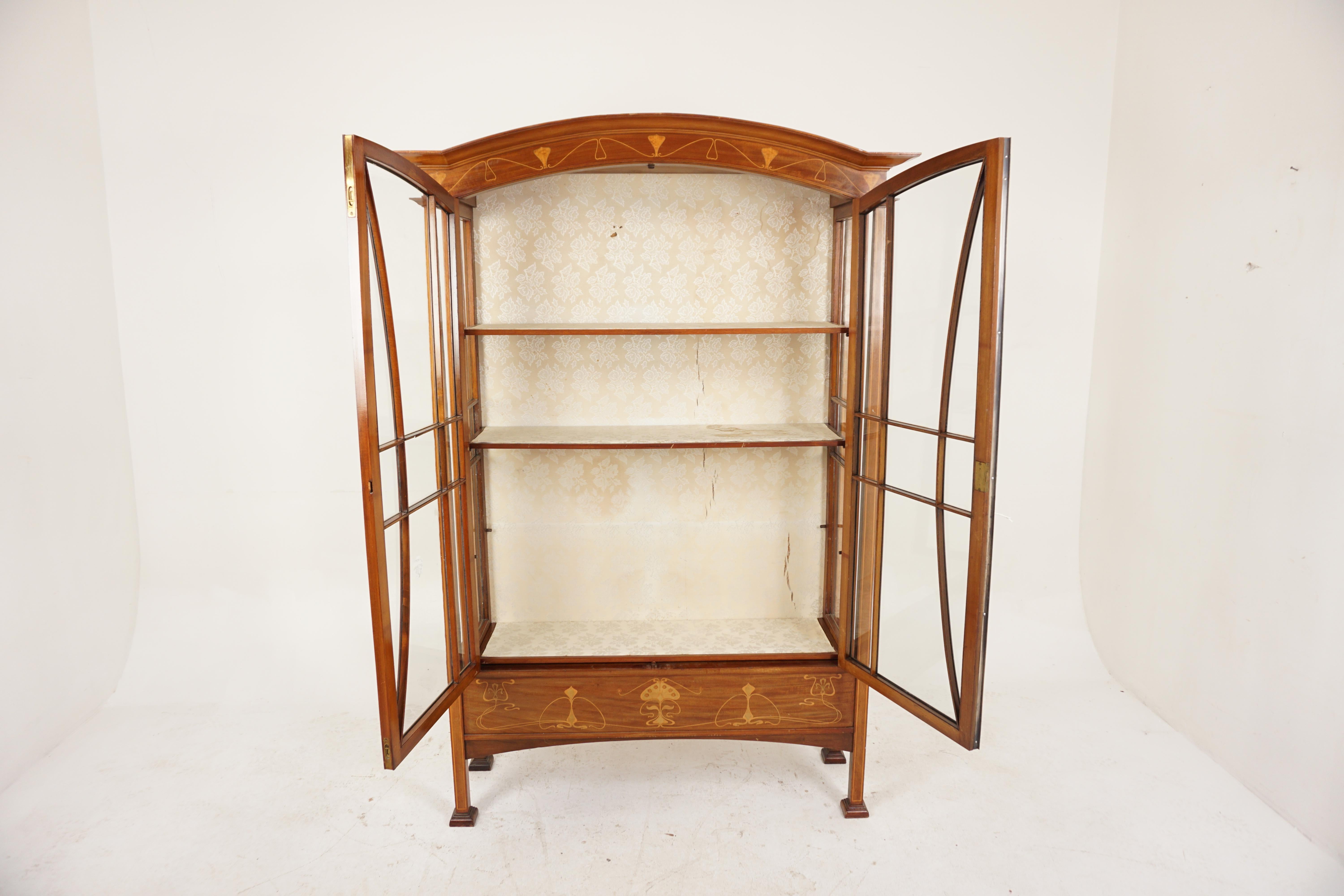 Antique Inlaid Art Nouveau Walnut Display China Cabinet, Scotland 1910, H1001 In Good Condition For Sale In Vancouver, BC