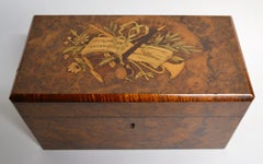 Antike antike Teedose aus Birnenholz mit Intarsien und passendem Innenraum