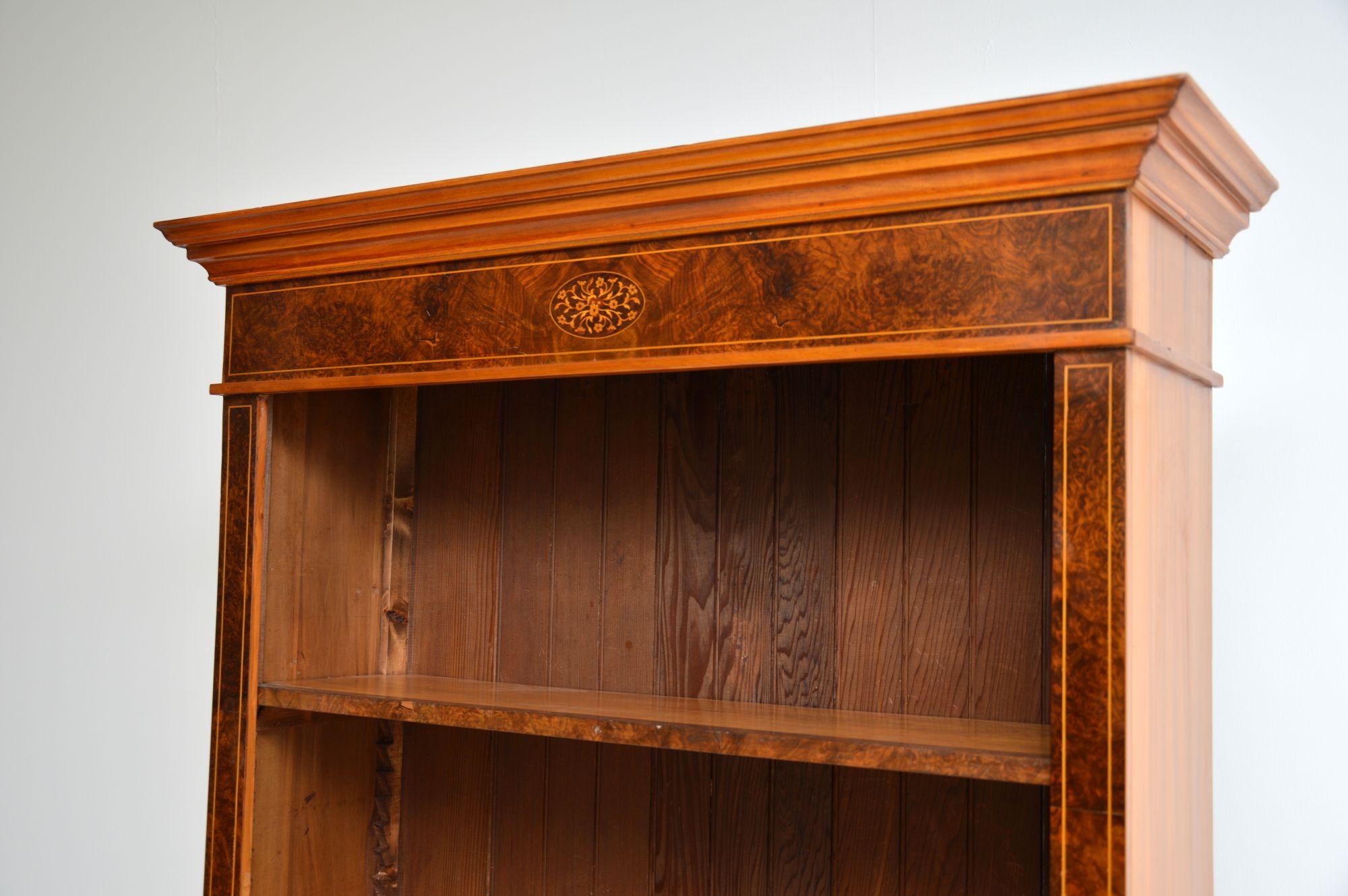 English Antique Inlaid Burr Walnut Open Bookcase