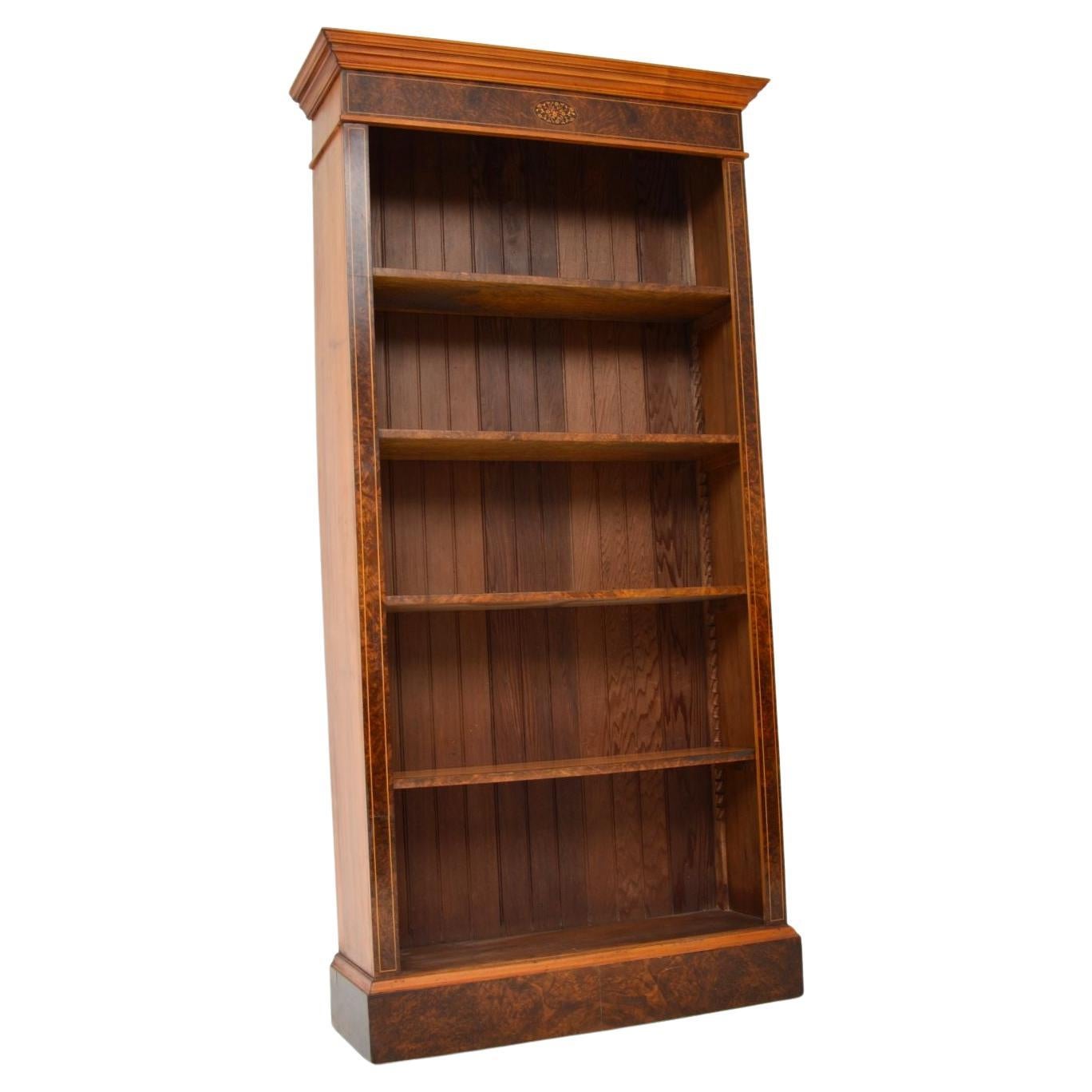 Large Figured and Burr Walnut Inverted Breakfront Antique Bookcase For Sale at 1stDibs