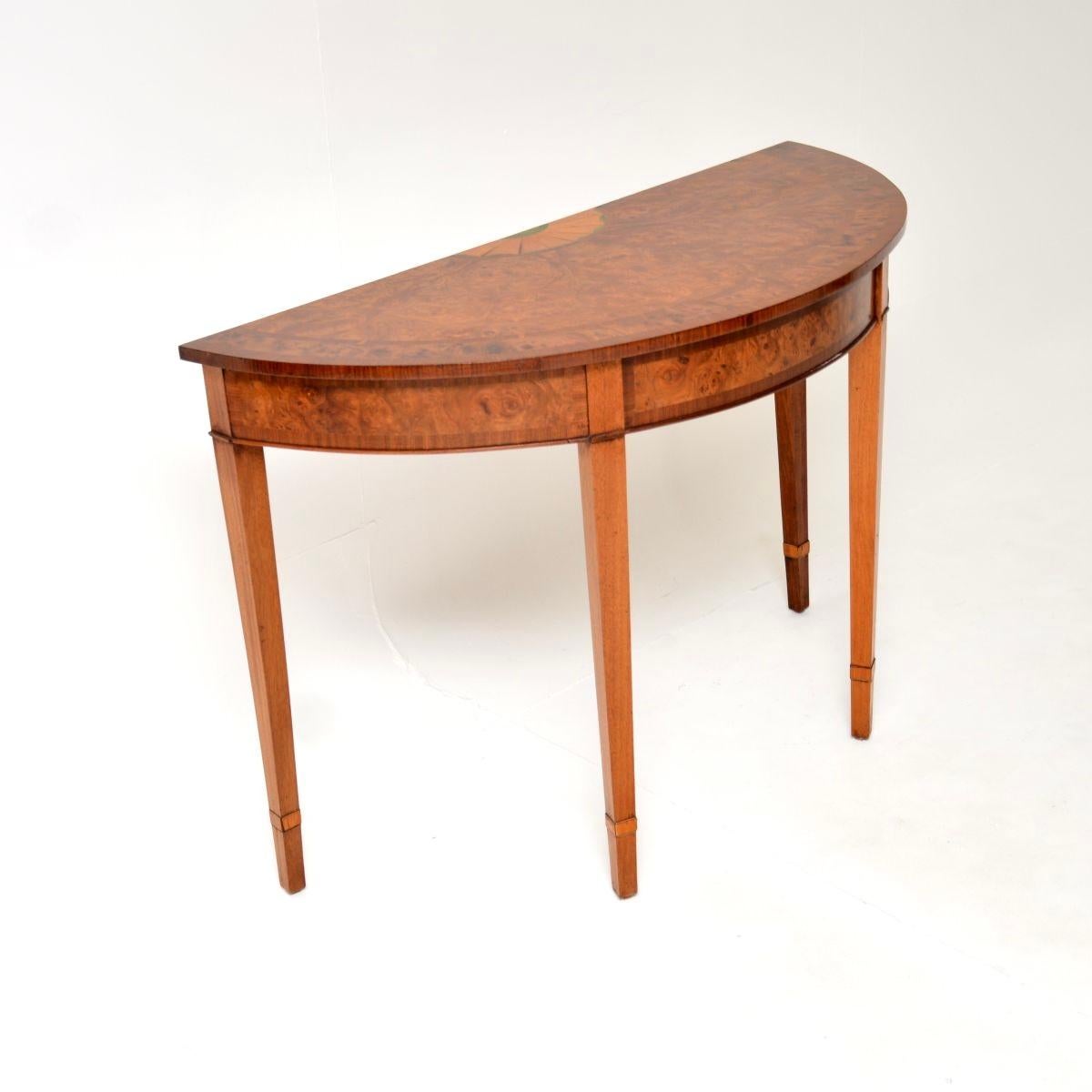British Antique Inlaid Burr Walnut Sheraton Style Console Table For Sale