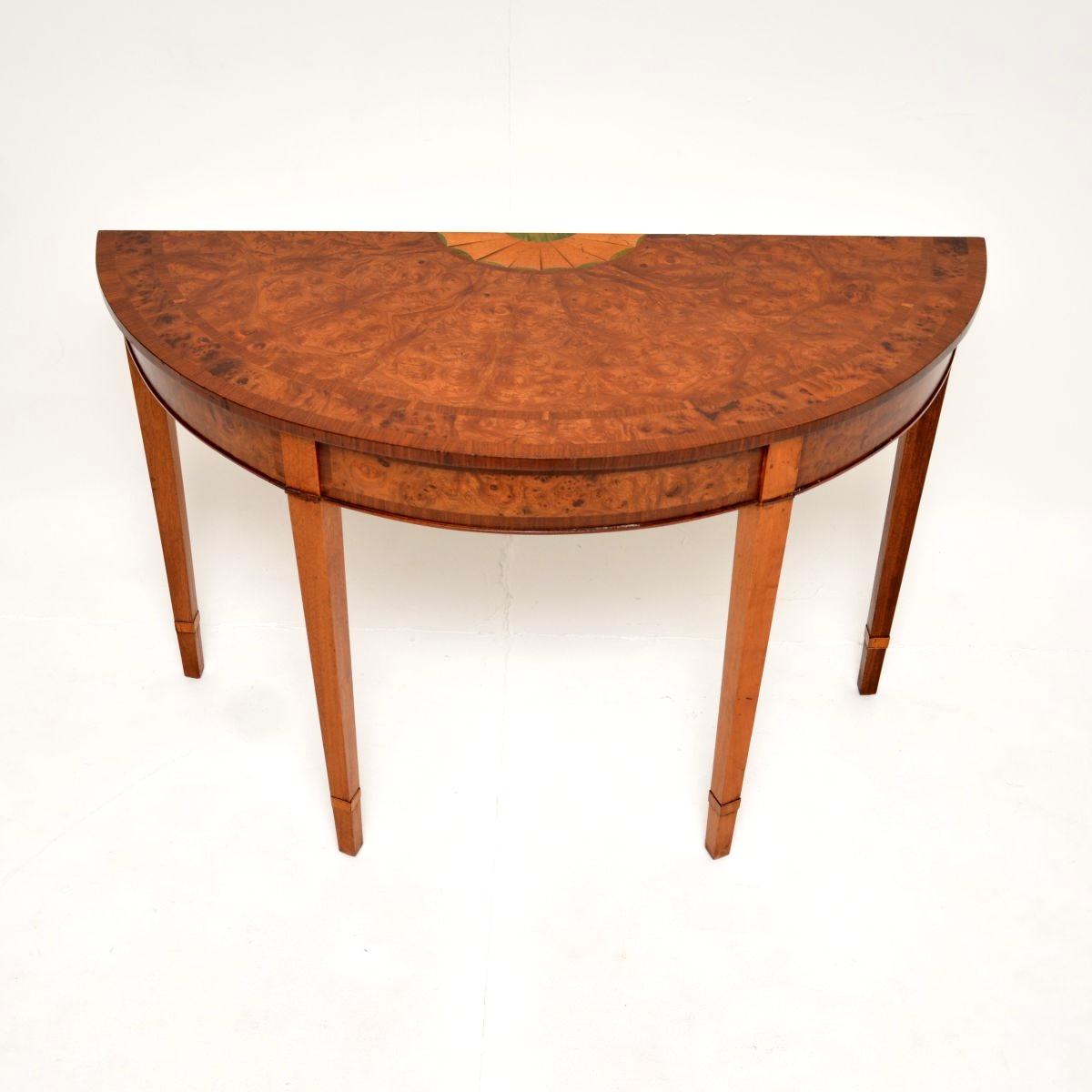 Mid-20th Century Antique Inlaid Burr Walnut Sheraton Style Console Table For Sale