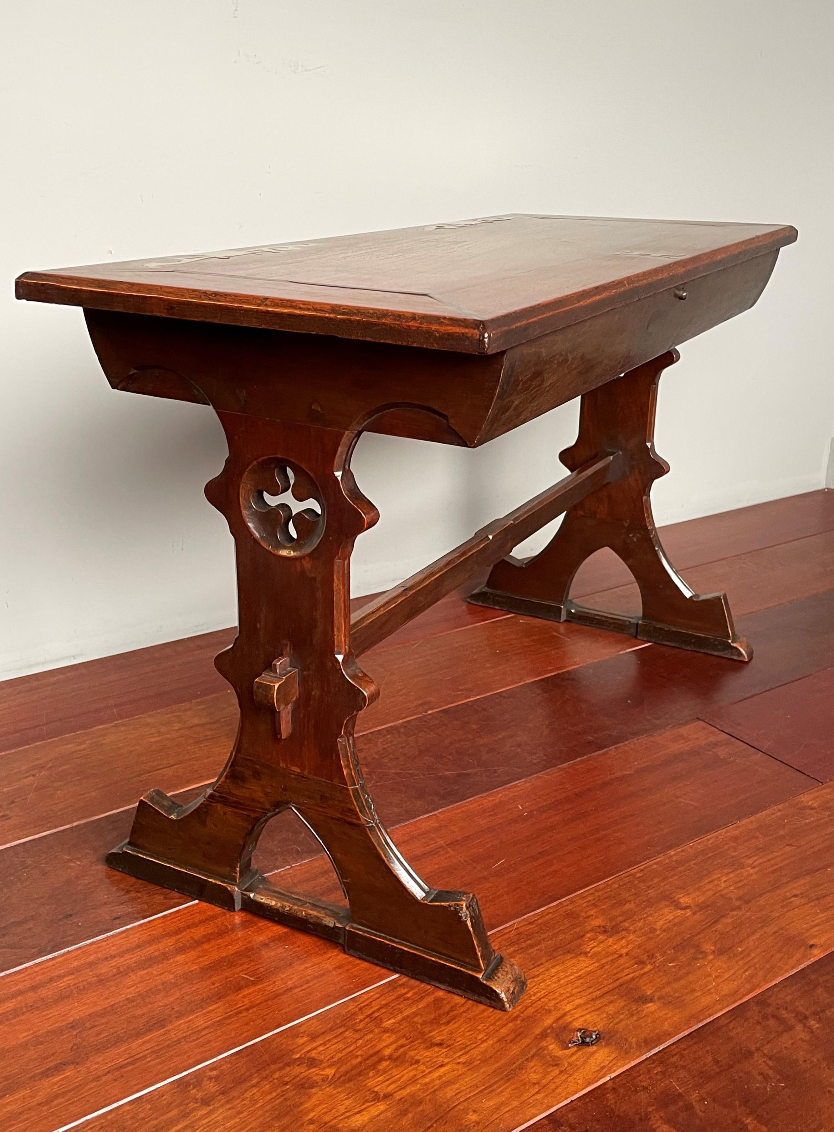 Antique Inlaid Colonial Gothic Revival Teakwood & Stunning Brass Side Table 1910 For Sale 10