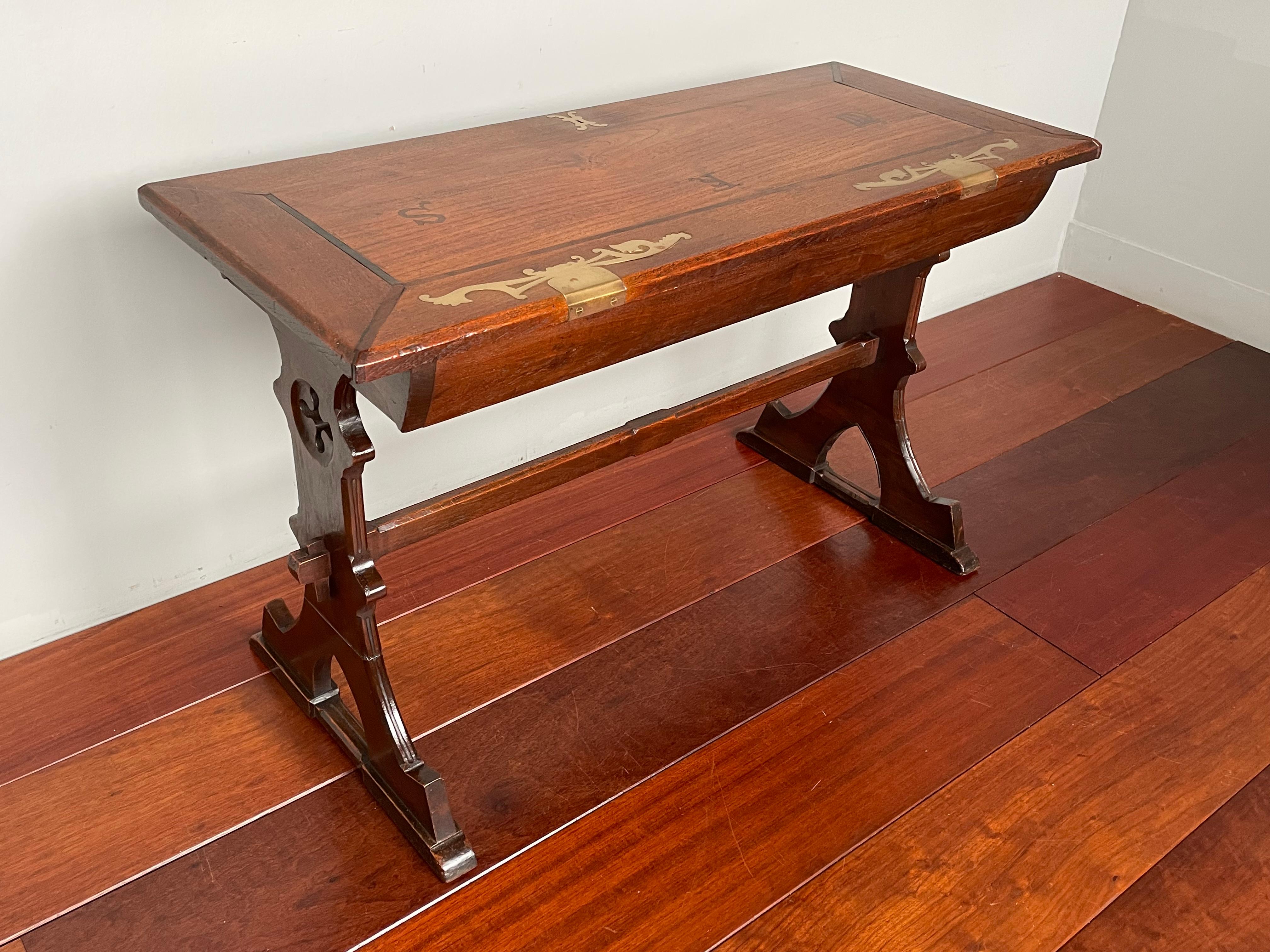 20th Century Antique Inlaid Colonial Gothic Revival Teakwood & Stunning Brass Side Table 1910 For Sale