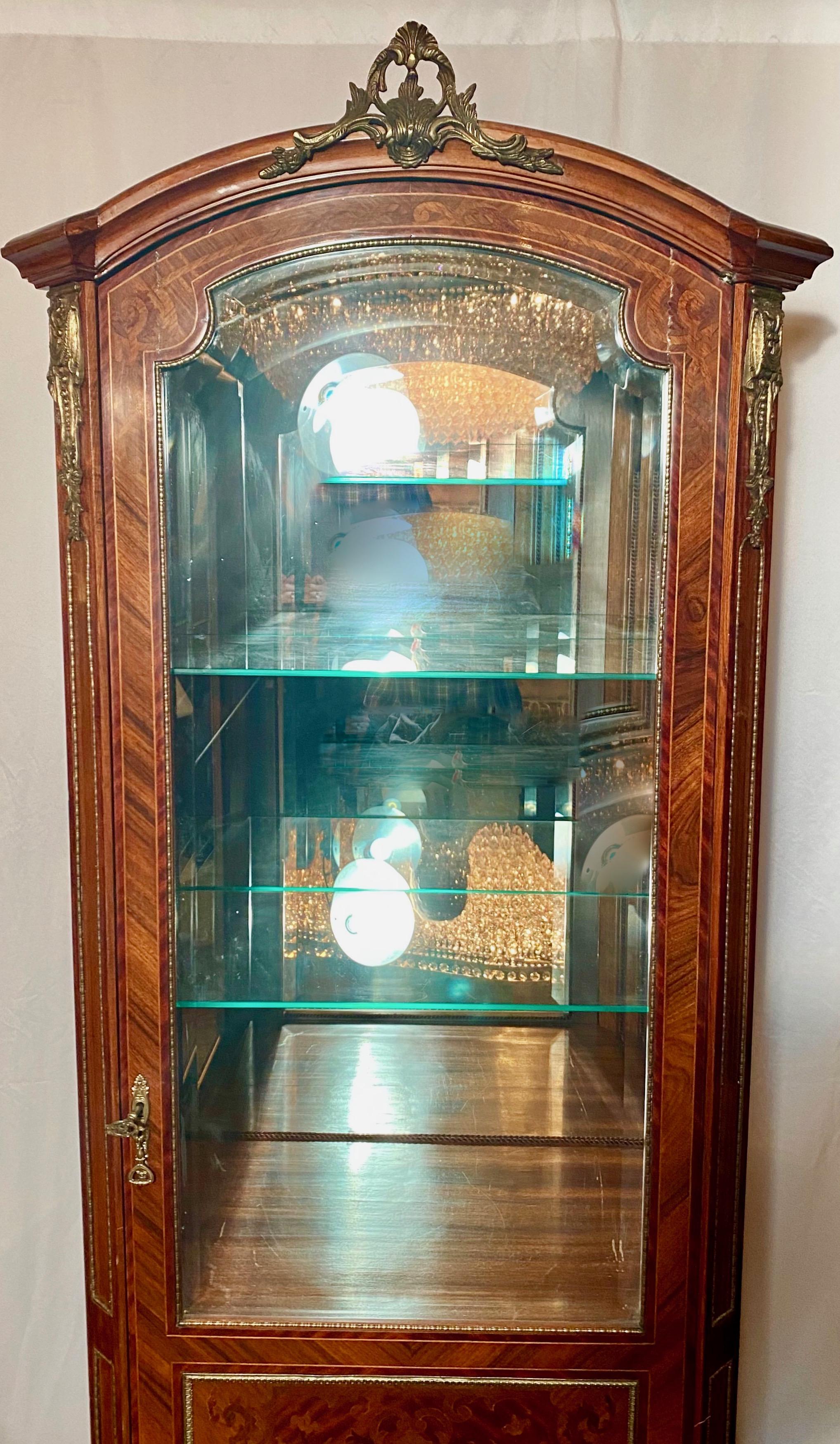 Inlay Antique French Napoleon III Gold Bronze & Inlaid Wood Display Cabinet Circa 1890 For Sale