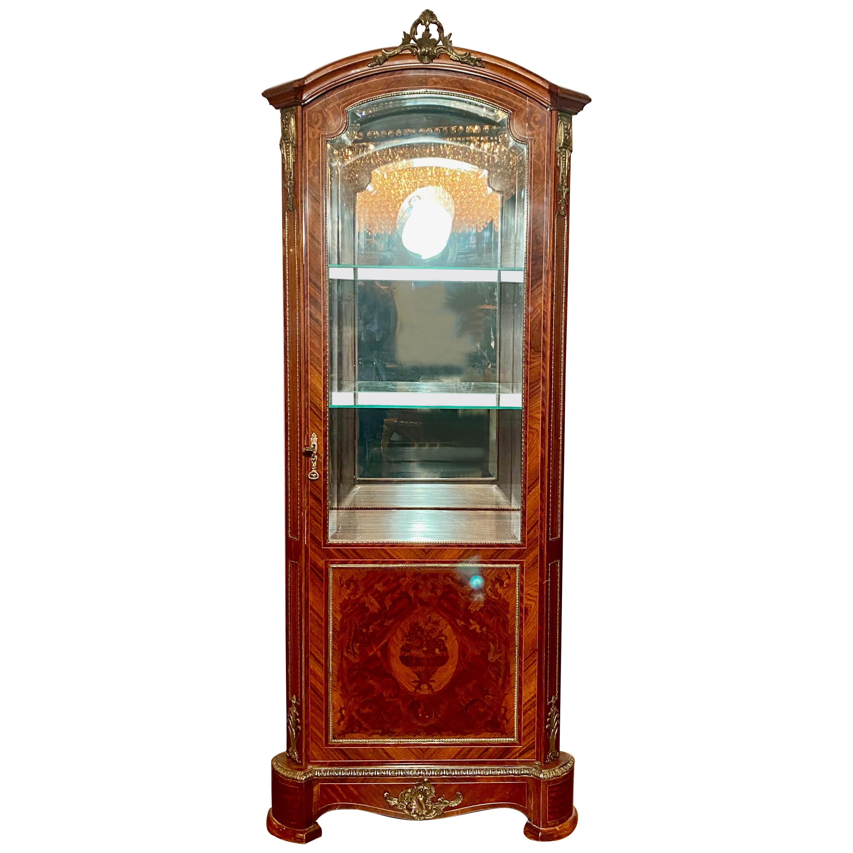 Antique French Napoleon III Gold Bronze & Inlaid Wood Display Cabinet Circa 1890 For Sale