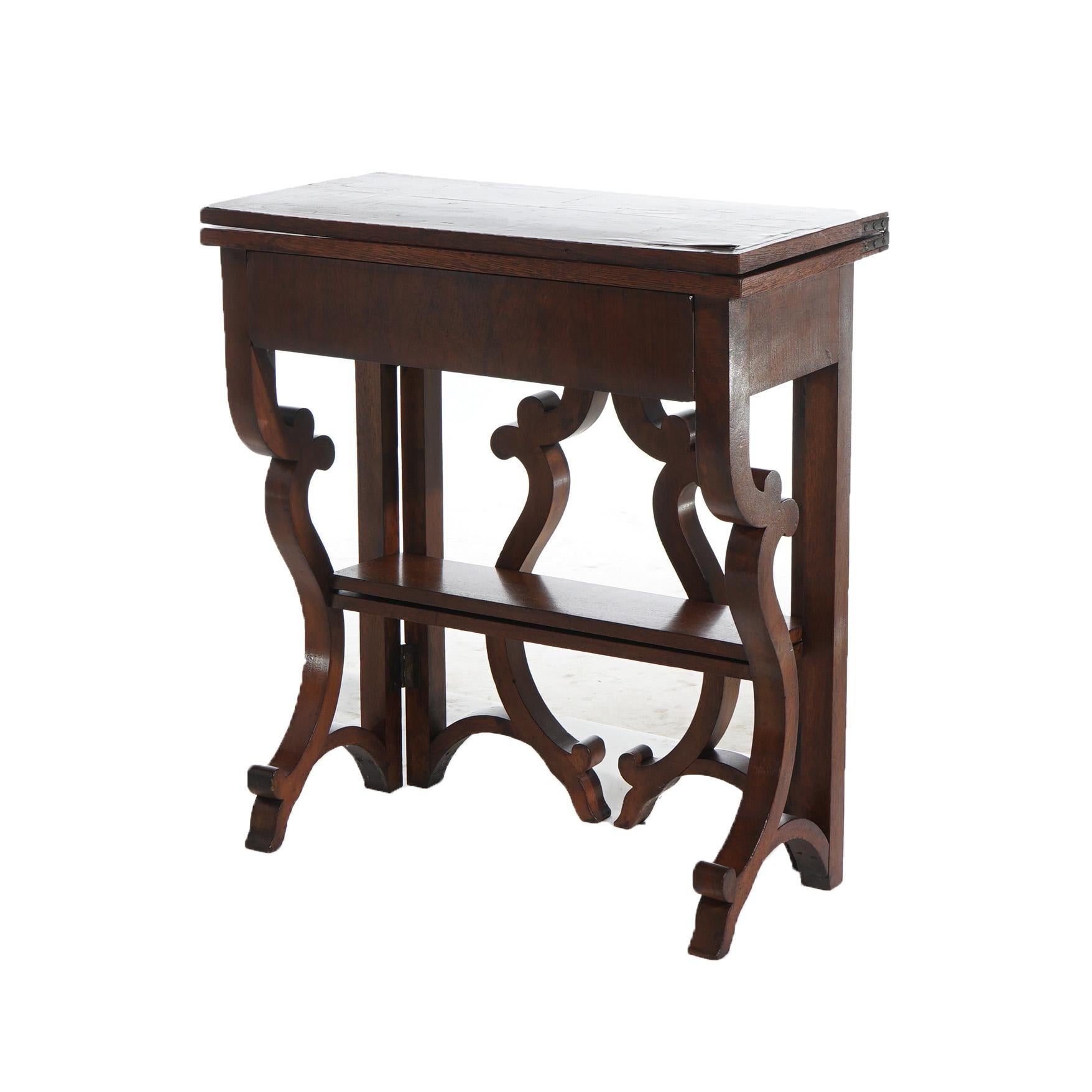 ***Reduced Delivery Rates - See Below or Click “Ask The Seller” to Request a Quote***

Antique Inlaid Flame Mahogany Card Table with Scroll Form Gate Legs and Lower Shelf C1850

Measures - 27.75