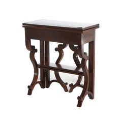 Antique Inlaid Flame Mahogany Card Table with Scroll Form Gate Legs C1850