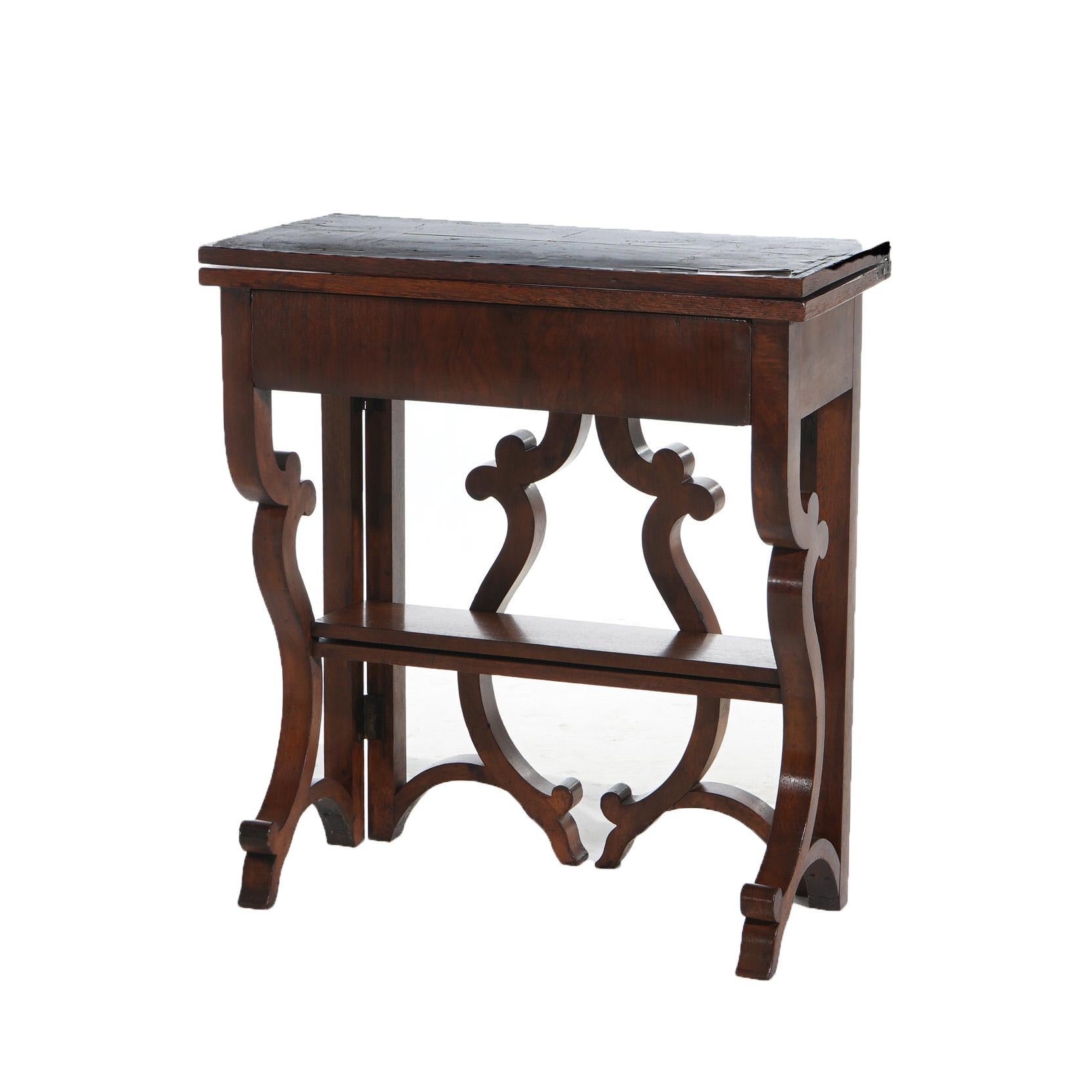 Antique Inlaid Flame Mahogany Card Table with Scroll Form Gate Legs C1850 In Good Condition In Big Flats, NY