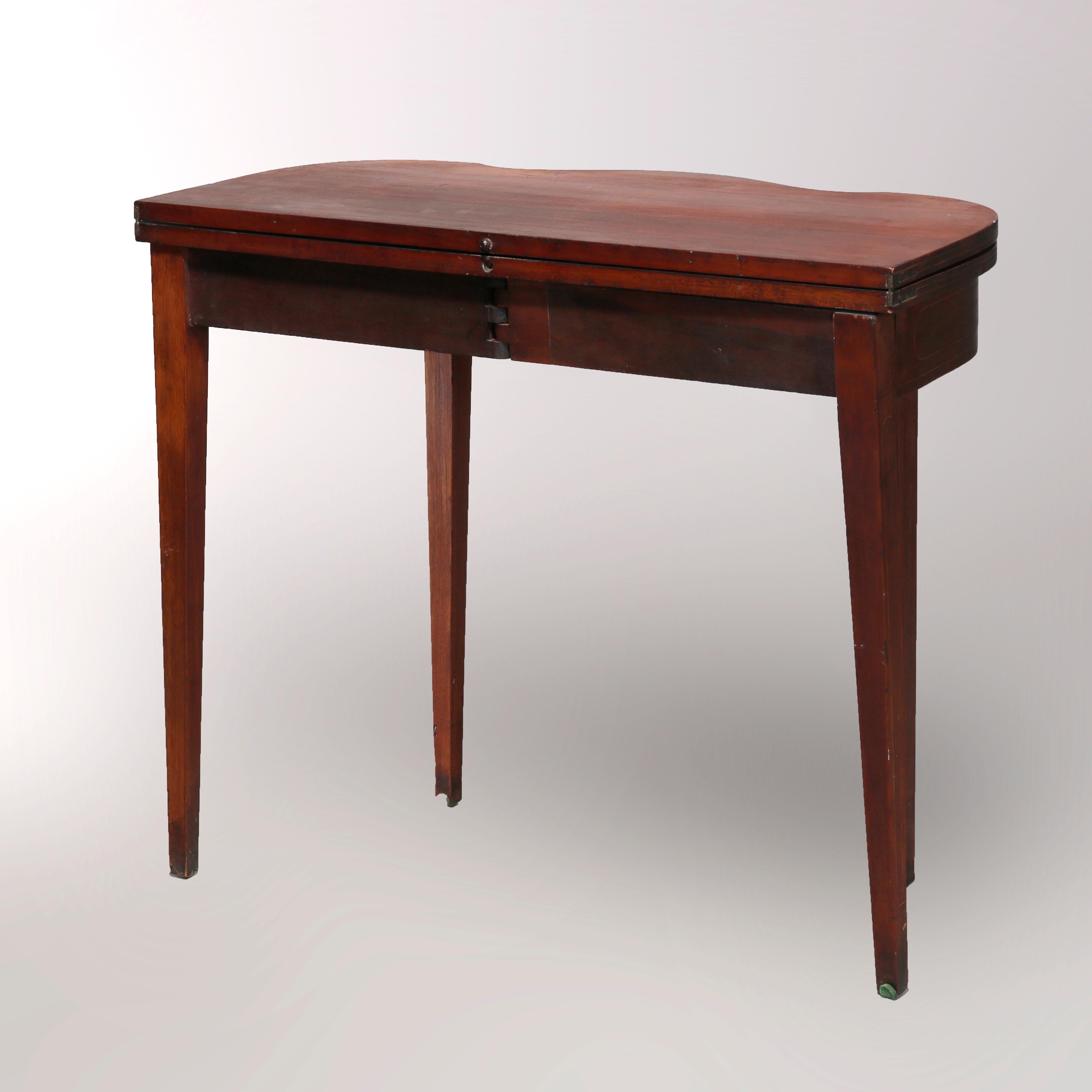 Carved Antique Inlaid Flame Mahogany Hepplewhite Serpentine Game Table, circa 1840