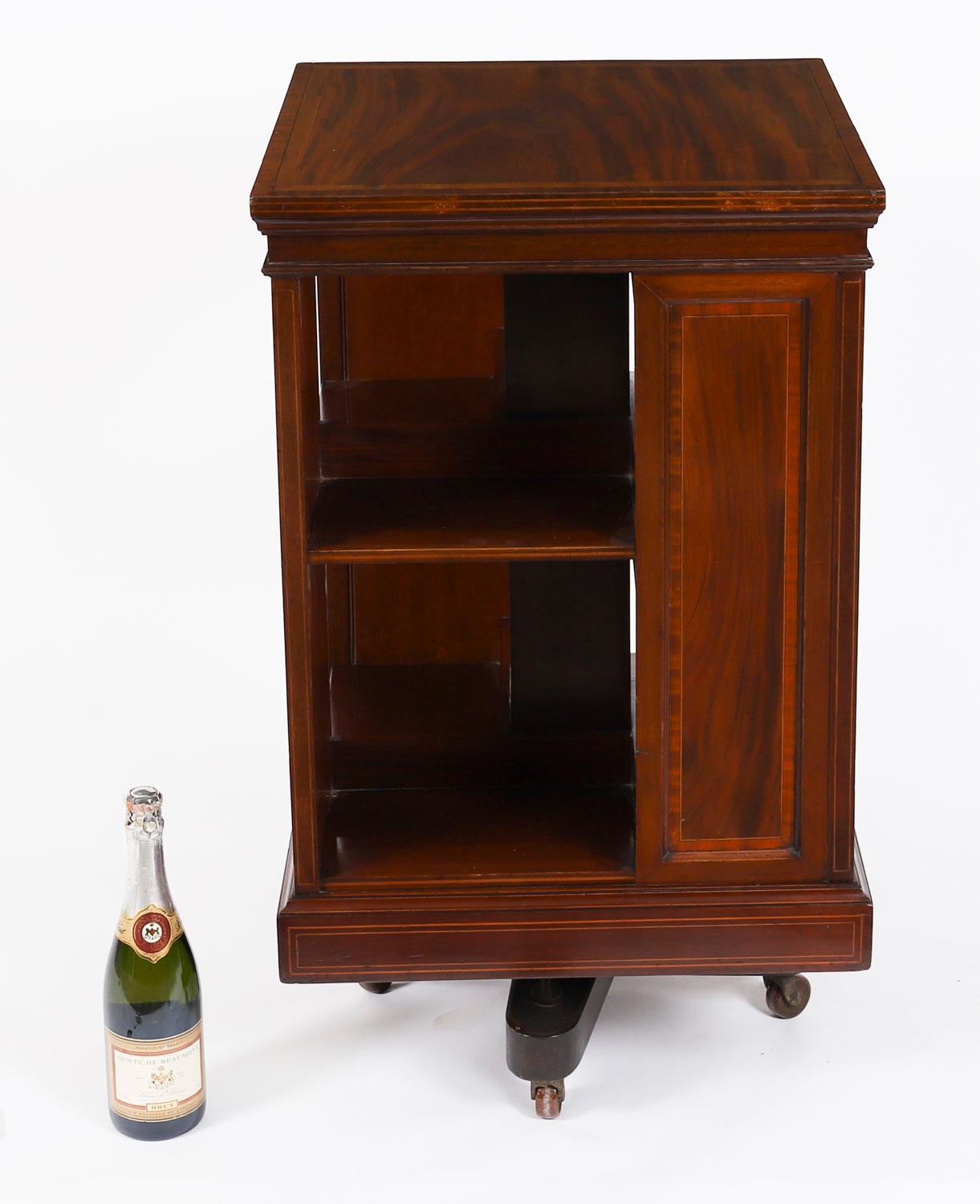 Antique Inlaid Flame Mahogany Revolving Bookcase 20th Century For Sale 8