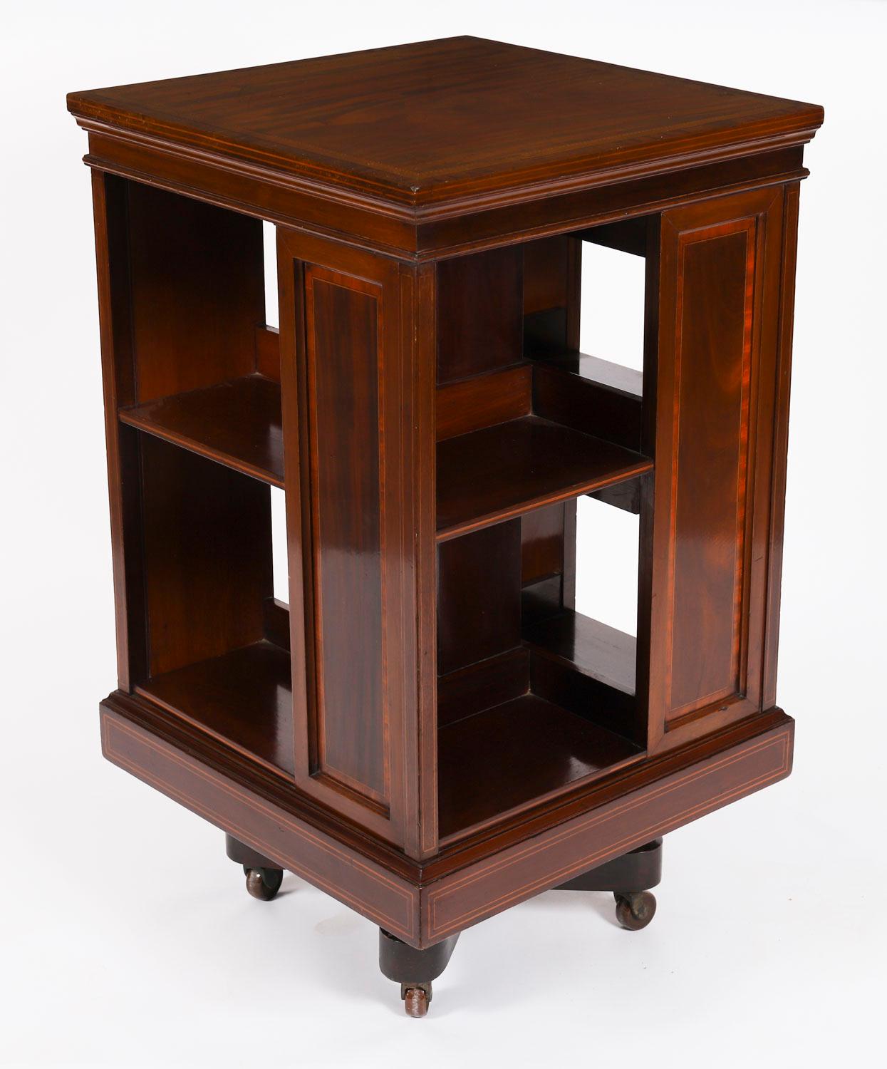 Antique Inlaid Flame Mahogany Revolving Bookcase 20th Century For Sale 9
