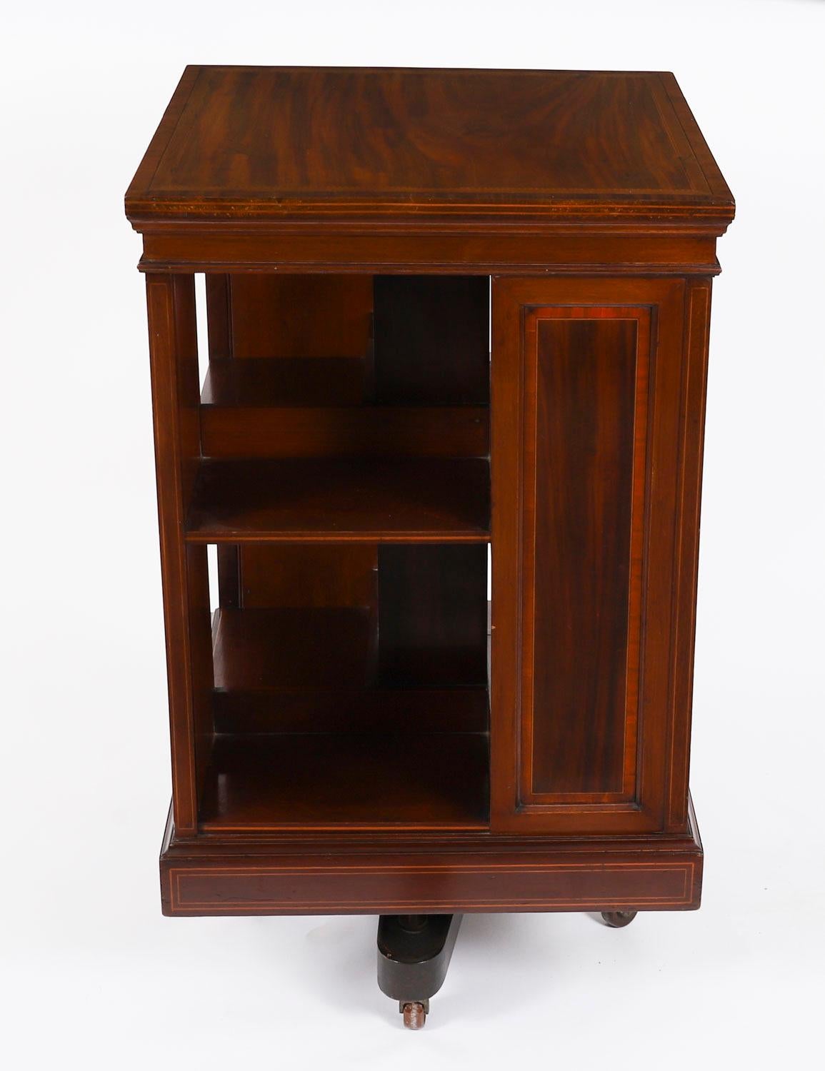 Antique Inlaid Flame Mahogany Revolving Bookcase 20th Century For Sale 2