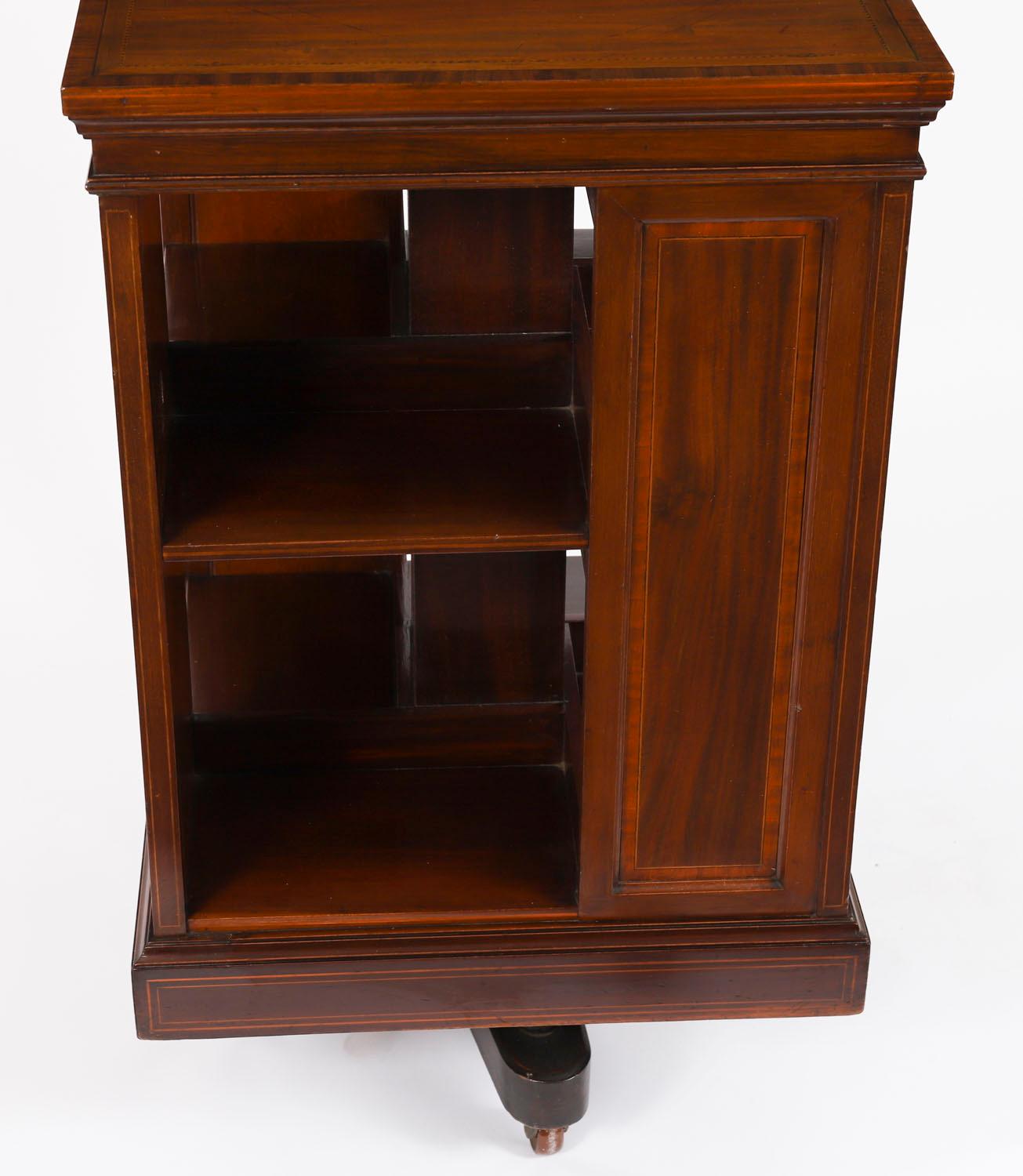 Antique Inlaid Flame Mahogany Revolving Bookcase 20th Century For Sale 3