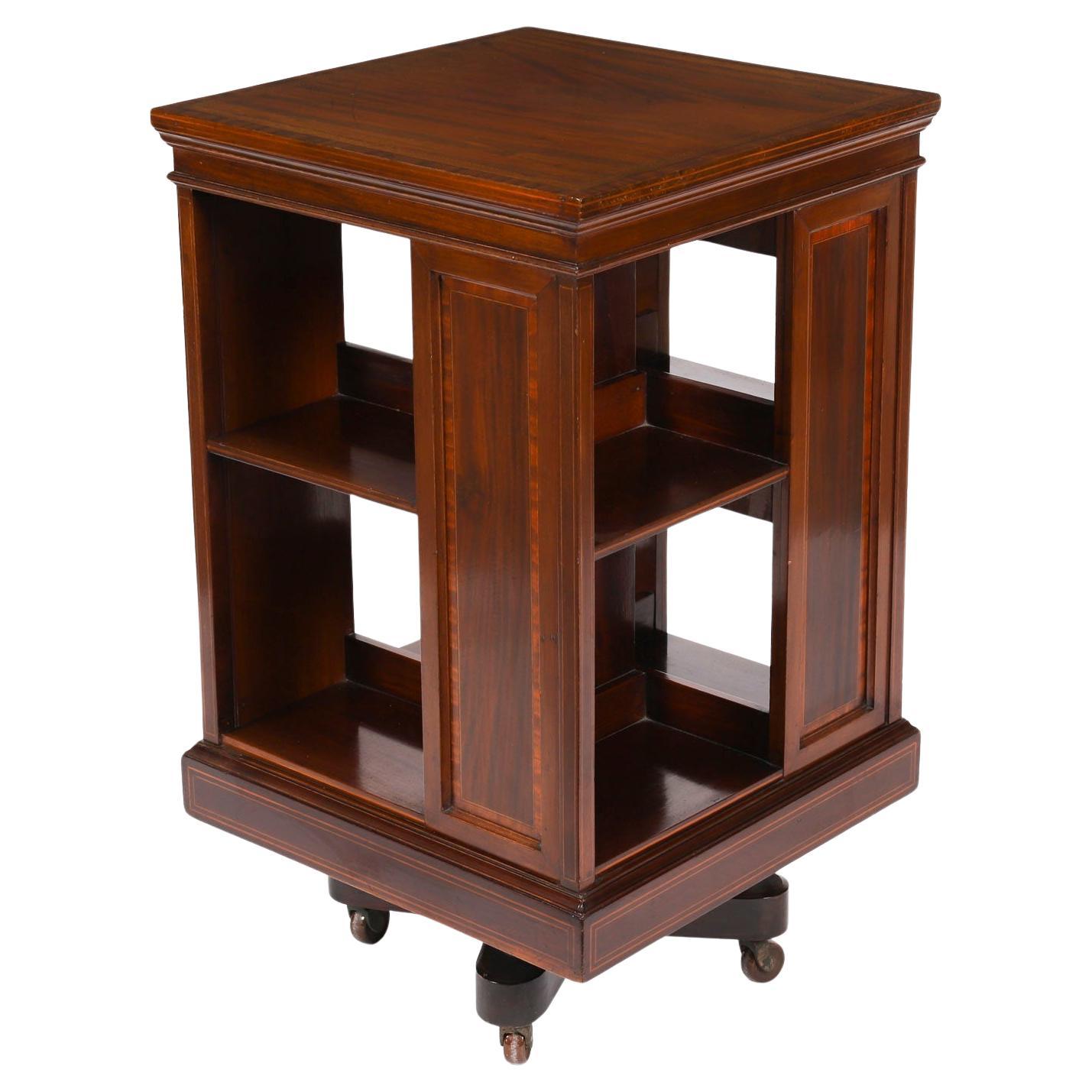 Antique Inlaid Flame Mahogany Revolving Bookcase 20th Century For Sale