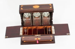 Antique Inlaid Flame Mahogany Three Crystal Decanter Tantalus Early 20th Century