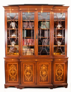 Antique Inlaid Four Door Breakfront Bookcase by Edwards & Roberts 19th C