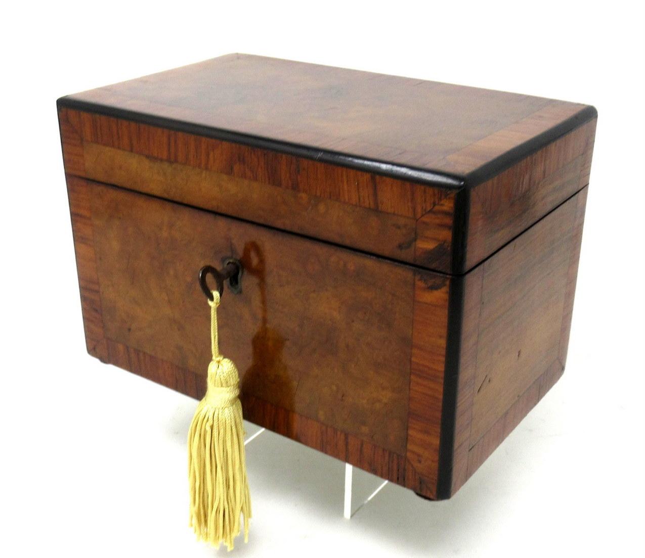 A superb example of an English Georgian period well figured burr walnut double interior section tea caddy of rectangular outline, compact proportions and outstanding quality, all areas are cross-banded in satinwood and edged with with quadrant